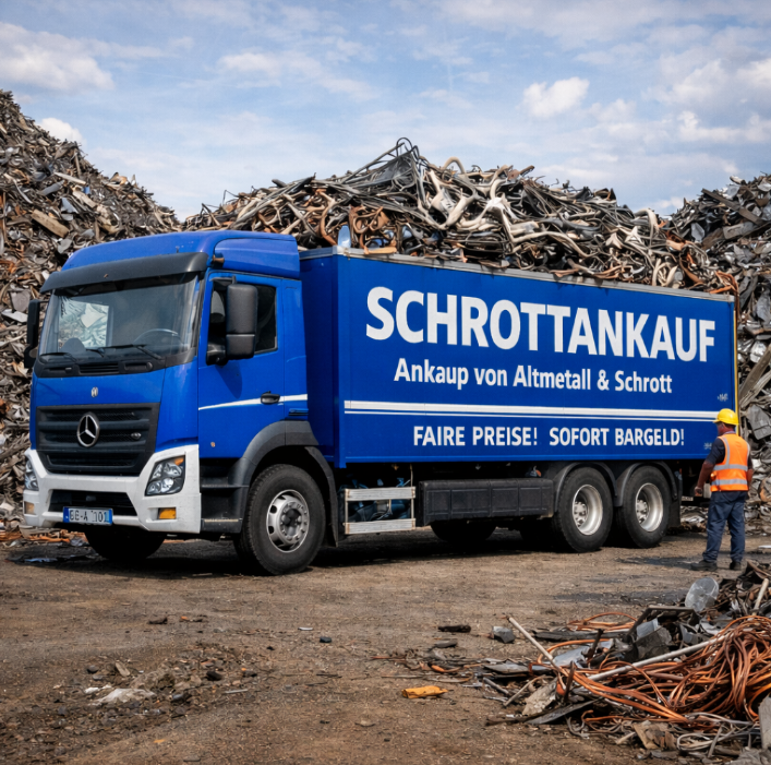 Faire Preise & sofortige Bezahlung Blauer Schrott-LKW mit offener Pritsche auf dem Schrottplatz, beladen mit Altmetall und Mischschrott für professionellen Schrottankauf