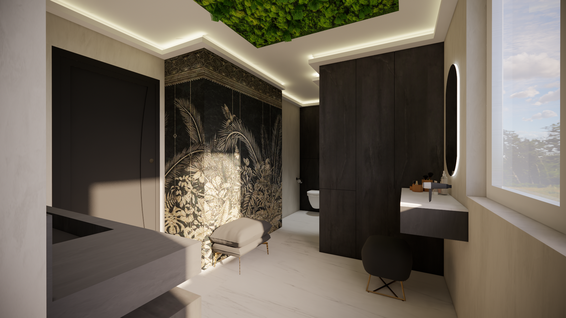Une sublime salle de bain, son plafond végétal apporte élégance et nature pour un bien-être optimal.