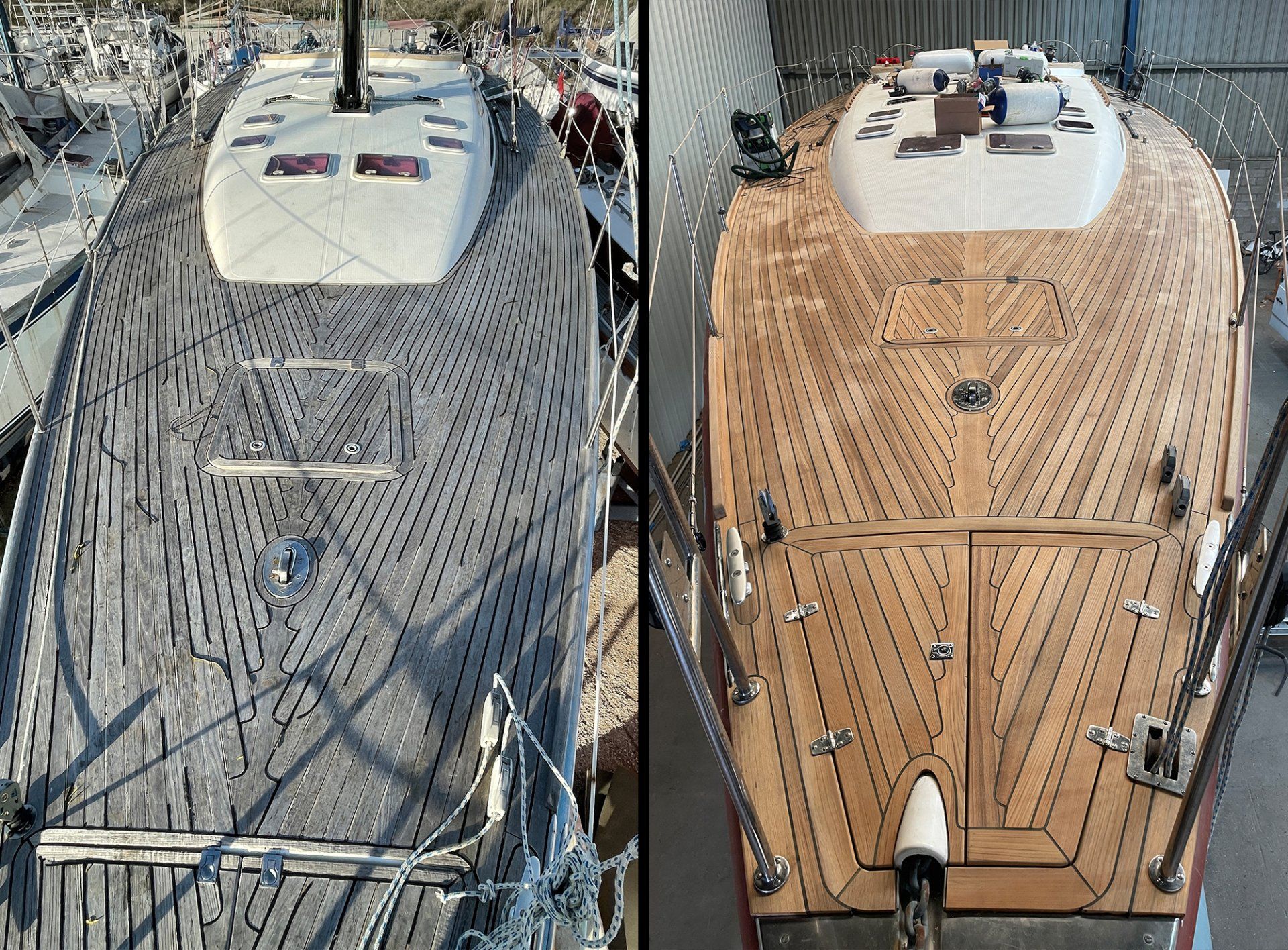 Before / After old and new teak decking Renewing a teak deck a new teak deck is vacuum glued onto a Futuna sailing yacht by Mobilerbootsbau teak decking company