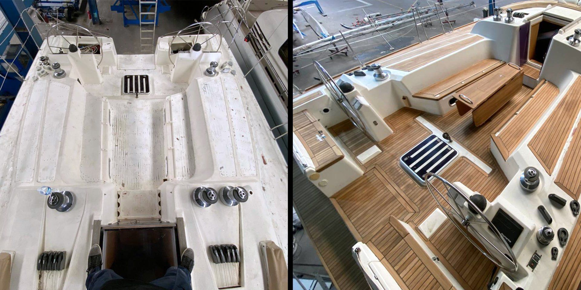 Teak deck installation in the cockpit The old teak deck is removed and a new teak deck is glued in the cockpit area on a Futuna 57 by Mobilerbootsbau teak decking company