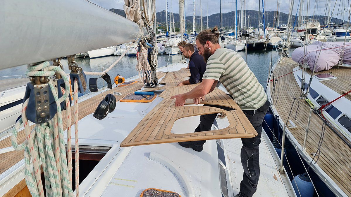 Teak deck installation on a Grand Soleil 46.3 in the Mediterranean Sea