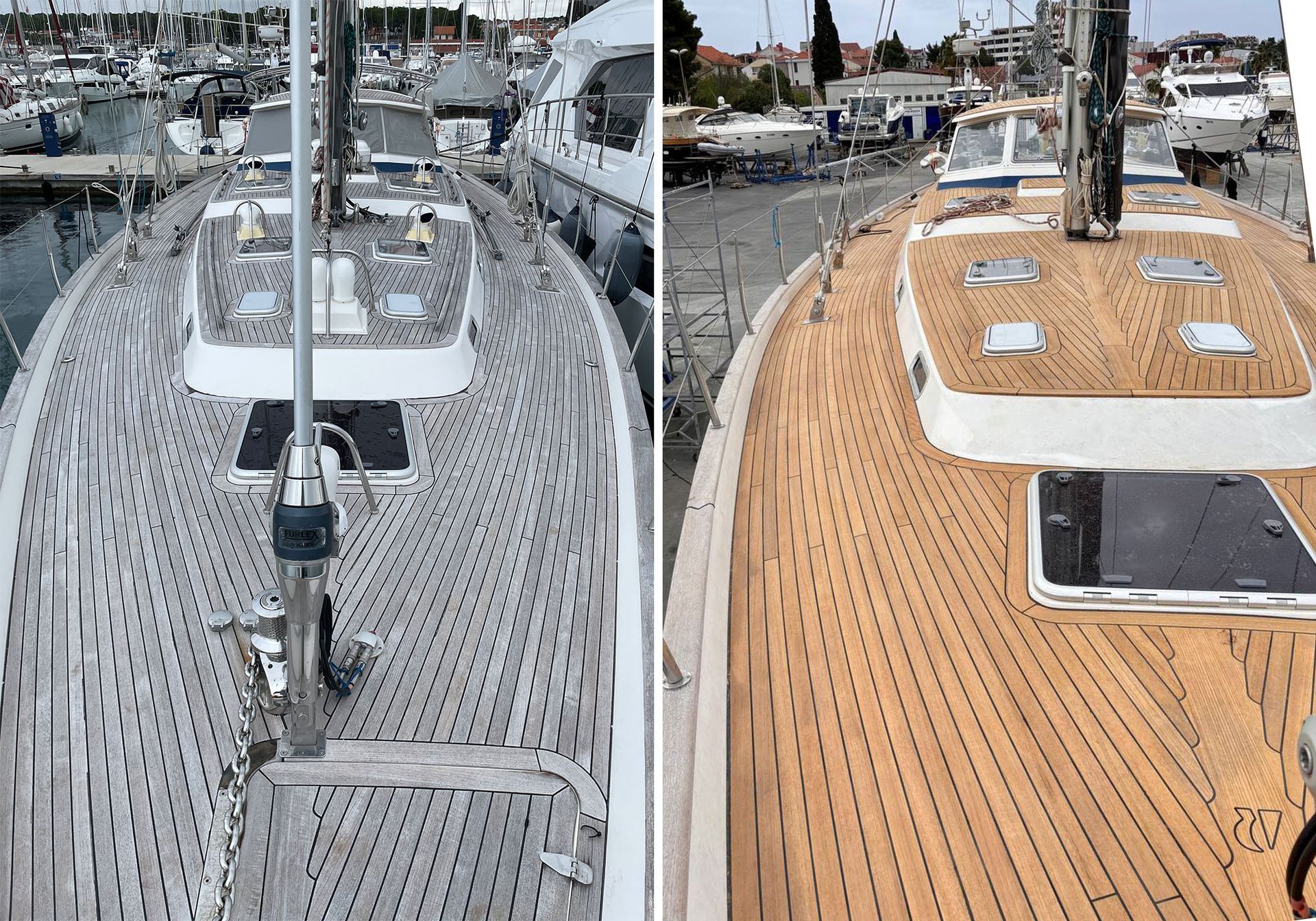 Before After Teak Deck Hallberg-Rassy 62 Sailing Yacht Before After Teak Deck Hallberg-Rassy 62 Sailing Yacht
