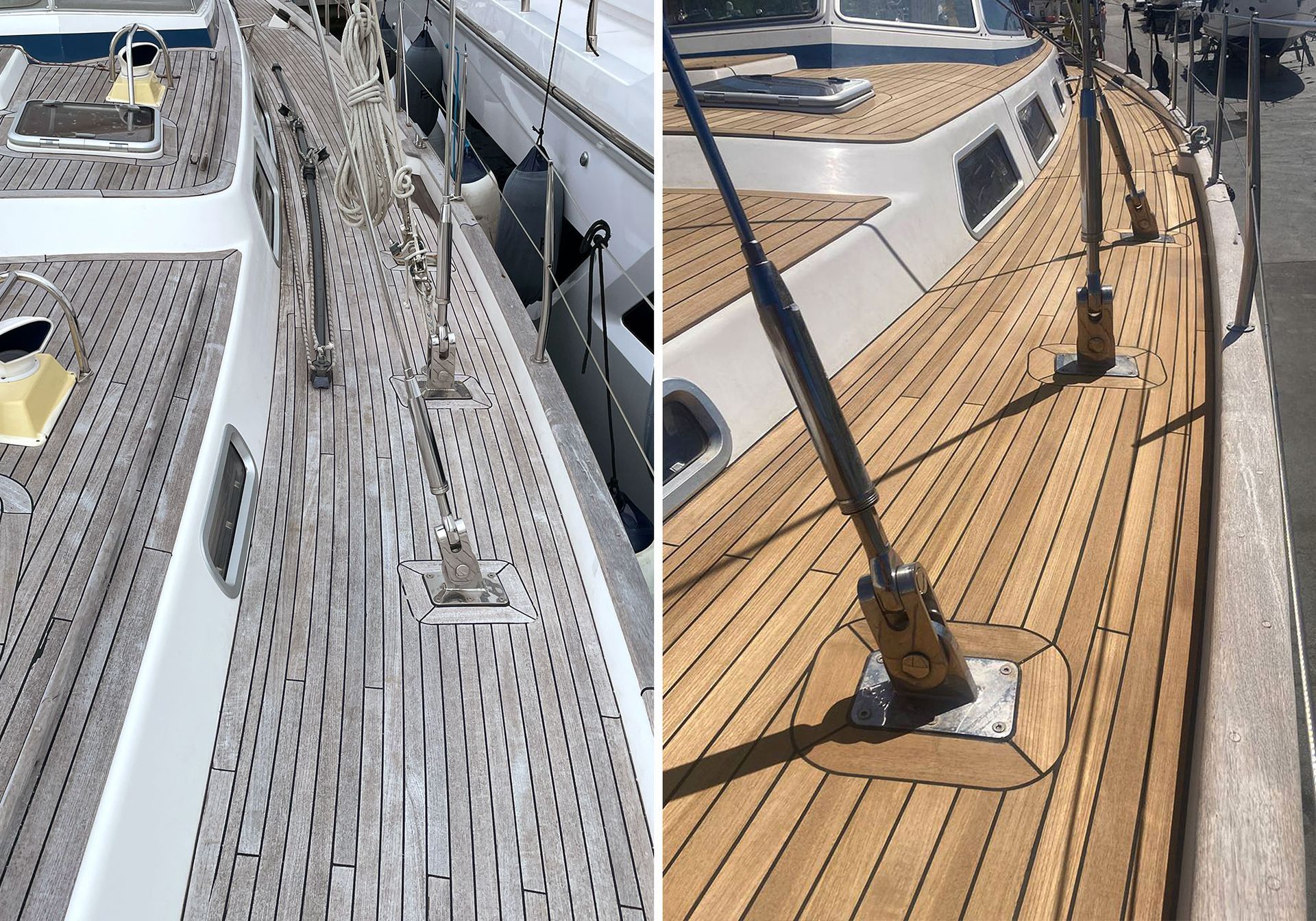 Vorher Nachher Teakdeck Hallberg-Rassy 62 Segelyacht Vorher Nachher Teakdeck Hallberg-Rassy 62 Segelyacht