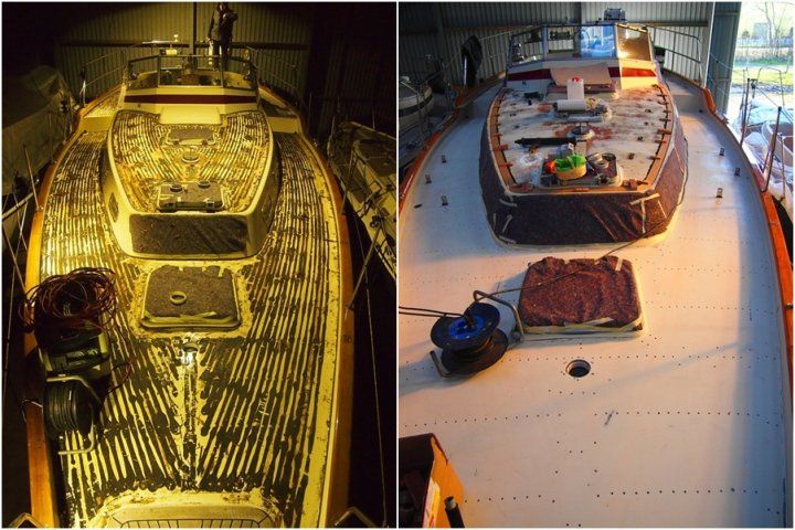 Teak decking process on a Najad 37 sailing yacht, preparation of the boat deck by Mobilerbootsbau teak decking
