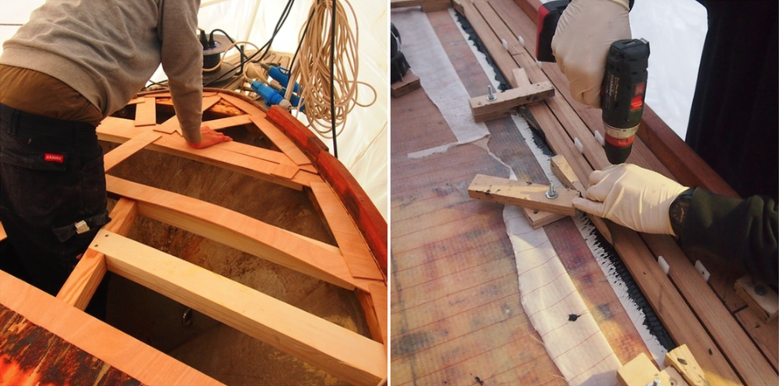 Teak decking process on a Seafin 410 sailing yacht, preparation and protection of the plywood before installation of the new teak deck can take place