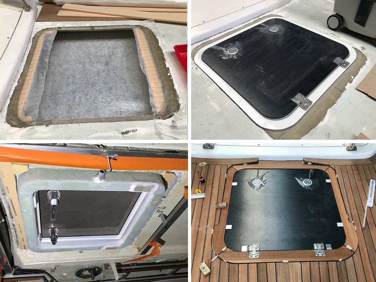 The Solimar flush deck hatches get pockets in the GRP deck Installation of Solimar Flush Deck hatches on Swan 60