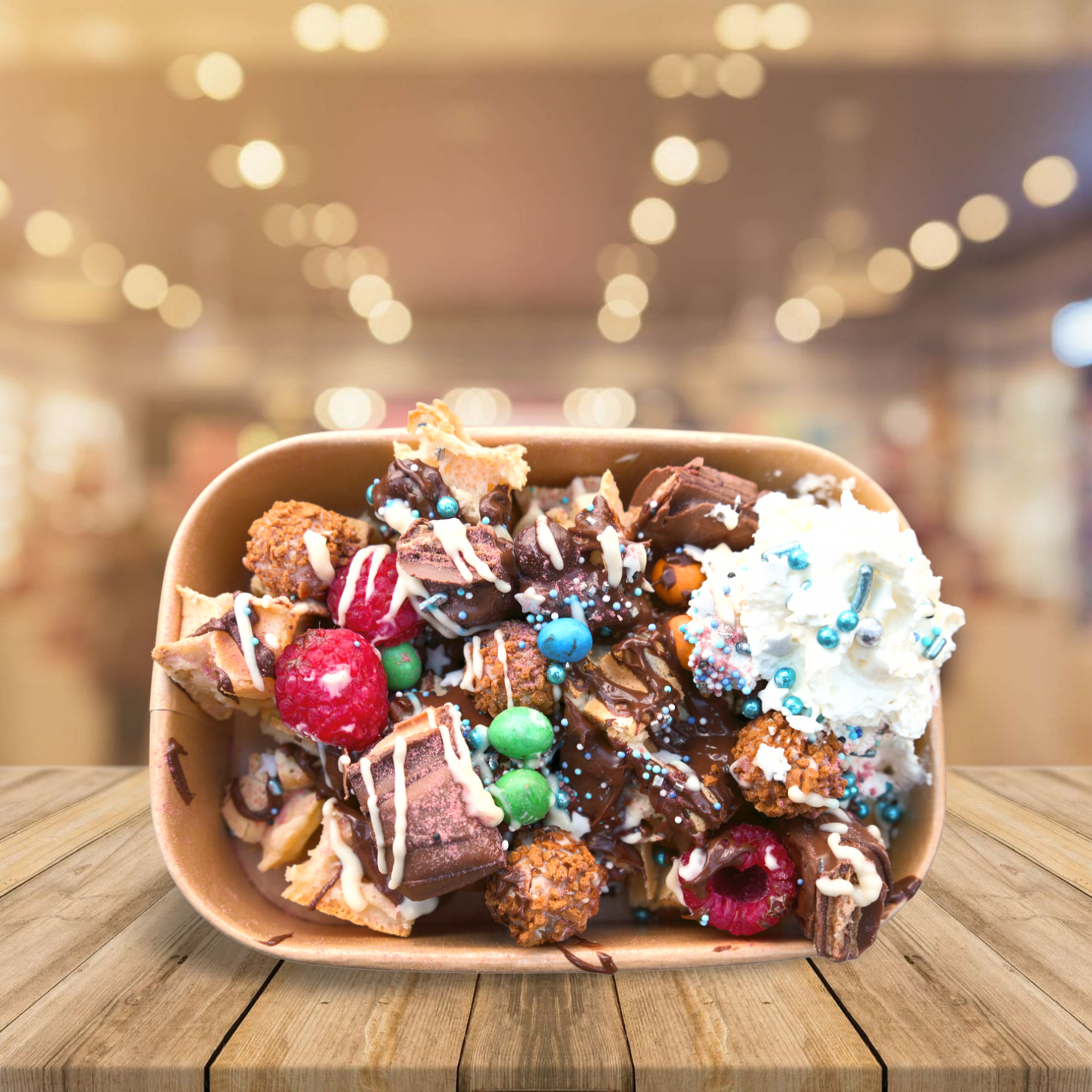 Bild von belgischer Waffel mit Nutella, Sahne, Giotto, Kinder Bueno, Himbeeren und vielem mehr