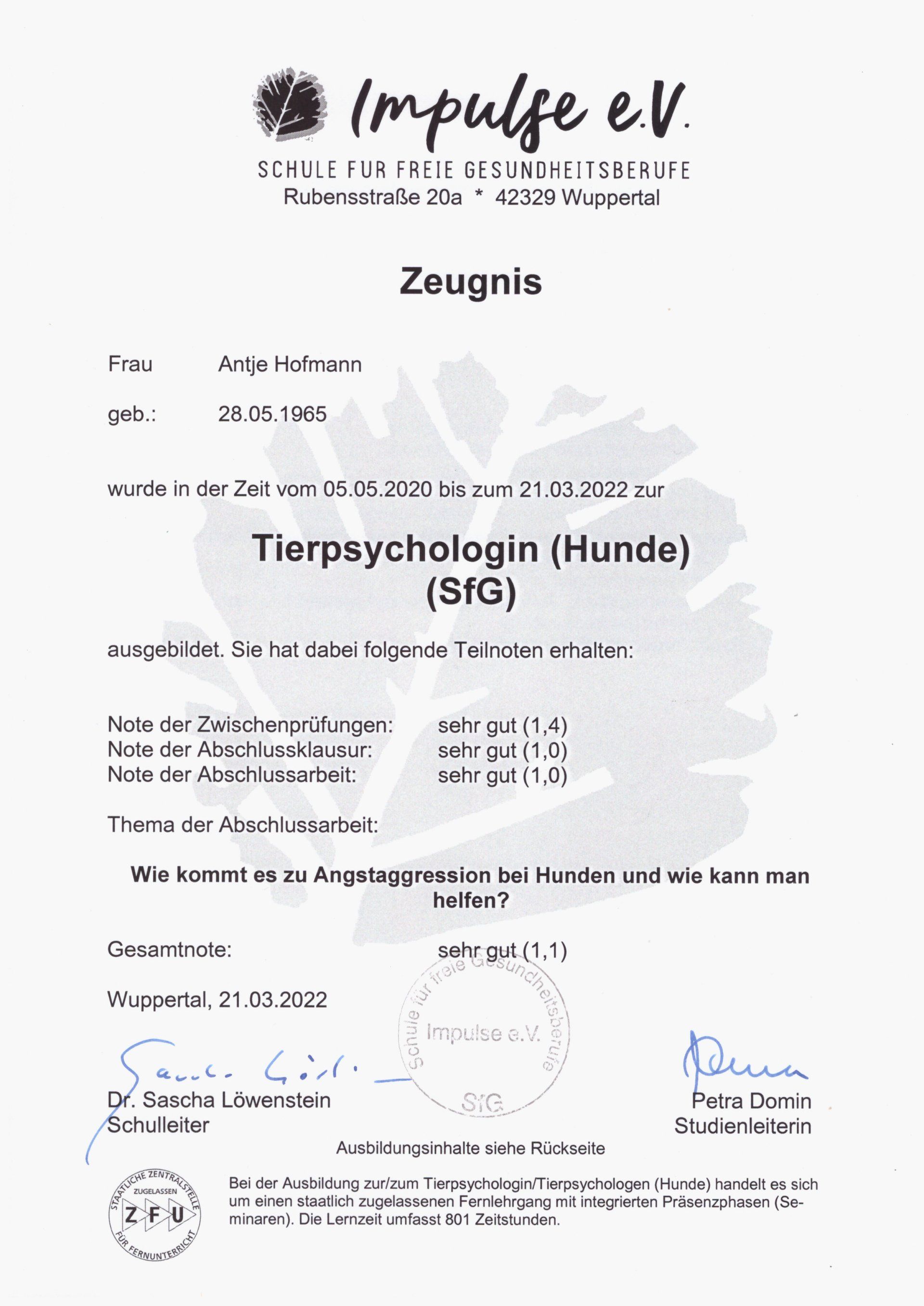 Prüfungszeugnis Tierpsychologie Hunde