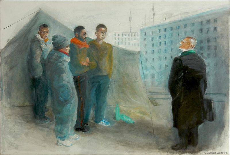 Gemälde G. Wangerin, Asylanten mit Anwalt