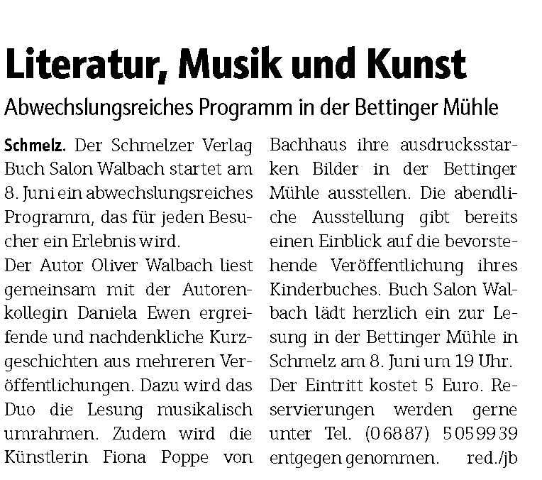 Artikel zur Lesung mit musikalischer und künstlerischer Umrahmung im Wochenspiegel Saarlouis, Ausgabe vom 28.05.2022, S.7