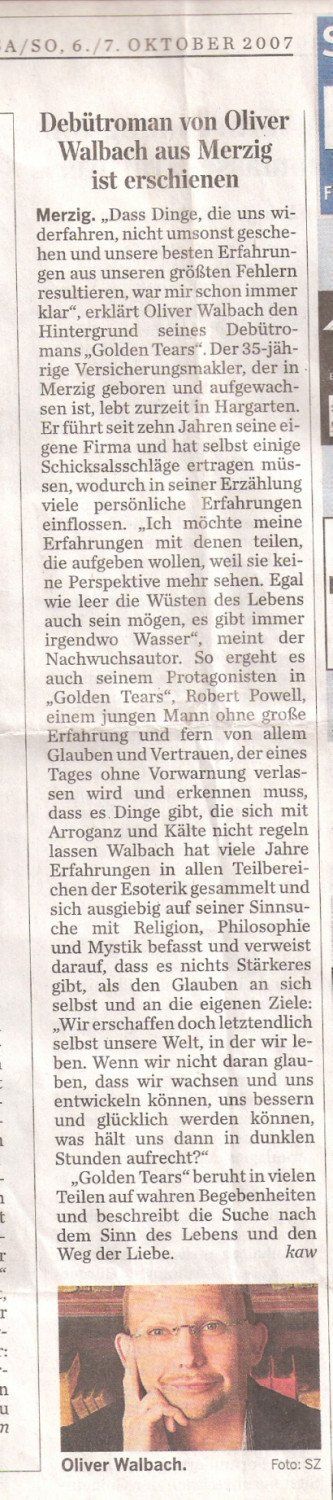 Saarbrücker Zeitung Artikel Presse Autor Nachwuchs Oliver Walbach Buch Roman Debüt Erzählung Schicksal Tränen Gold