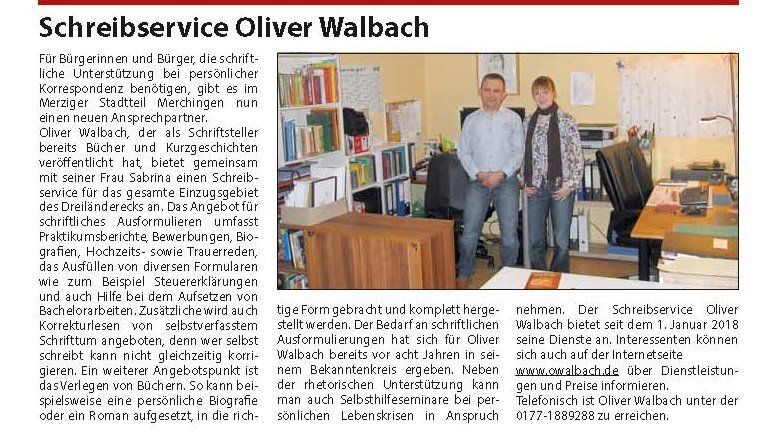 Startwerbung Schreibservice Walbach Artikel Amtsblatt Merzig Oliver Walbach Sabrina Walbach Text Buch Autoren Ghostwriter Lektoren