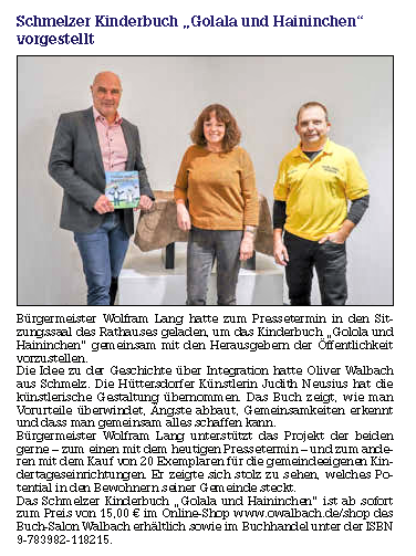 Integration Artikel Presse Kinderbuch Schmelz Amtsblatt Bilderbuch Oliver Walbach Judith Neusius Bürgermeister Wolfram Lang