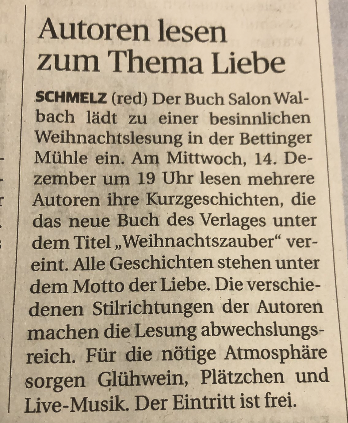 Saarbrücker Zeitung Weihnachtslesung Buch Salon Walbach