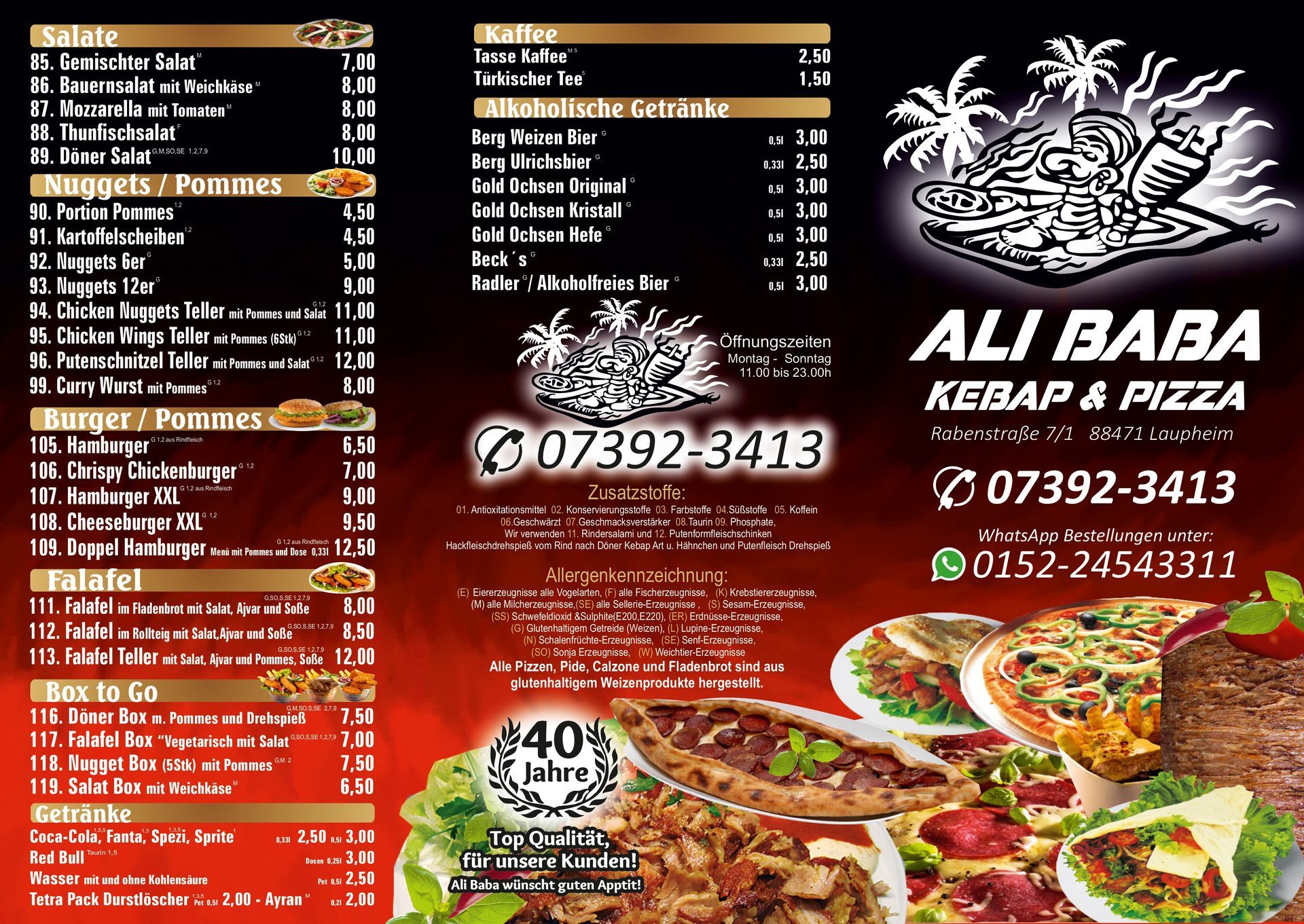Speisekarte Salate, Nuggets, Burger, Getränke