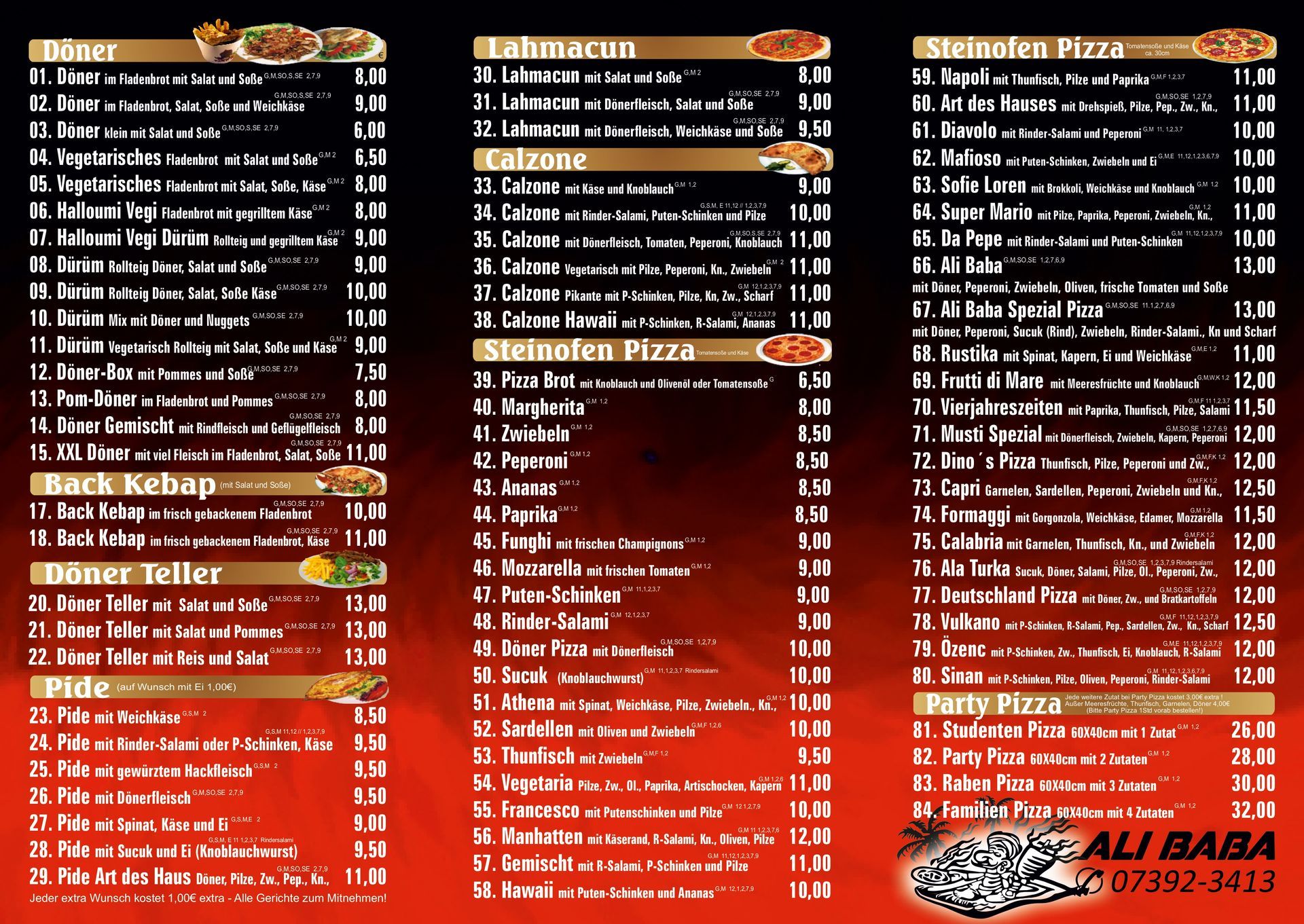 Speisekarte Döner, Pide, Lahmacun, Pizza