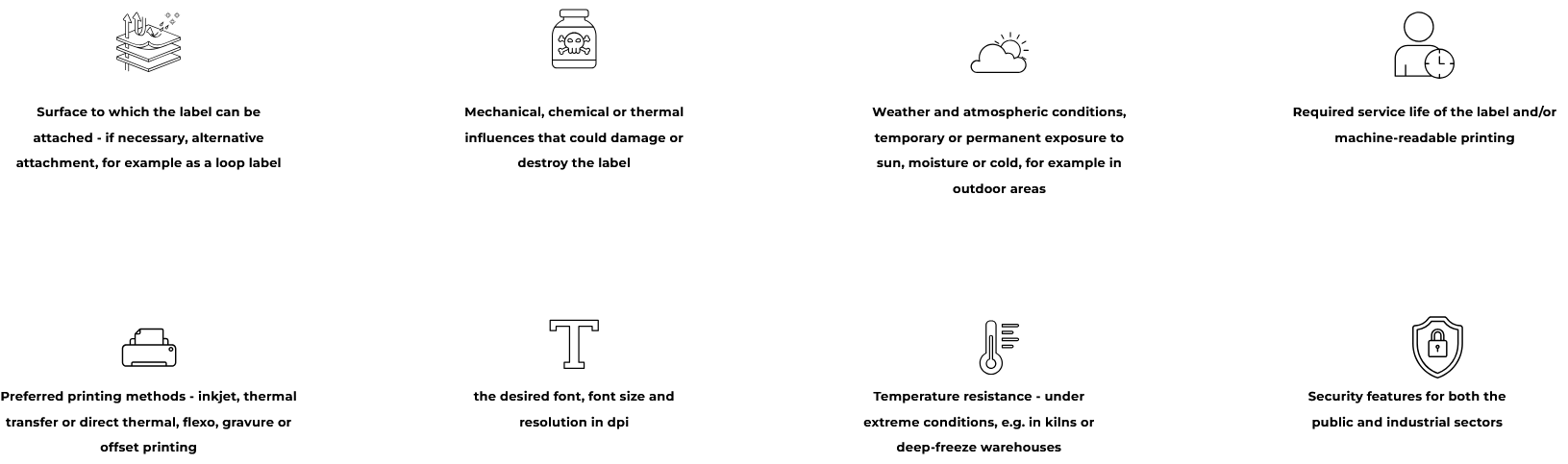 Key requirements for custom label selection — from surface type and environmental conditions to print method, durability, and security features