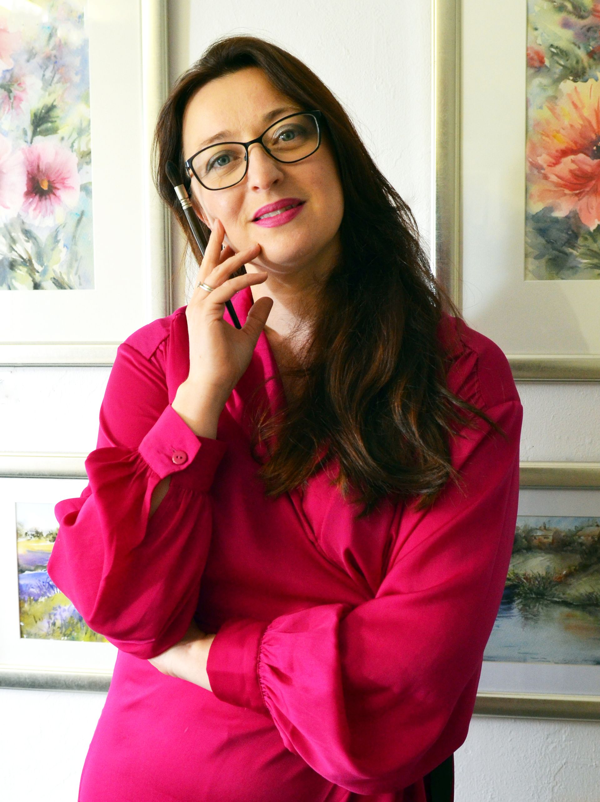Watercolour artist Nicky Hunter in professional art studio at Westbury Arts Centre, Milton Keynes.