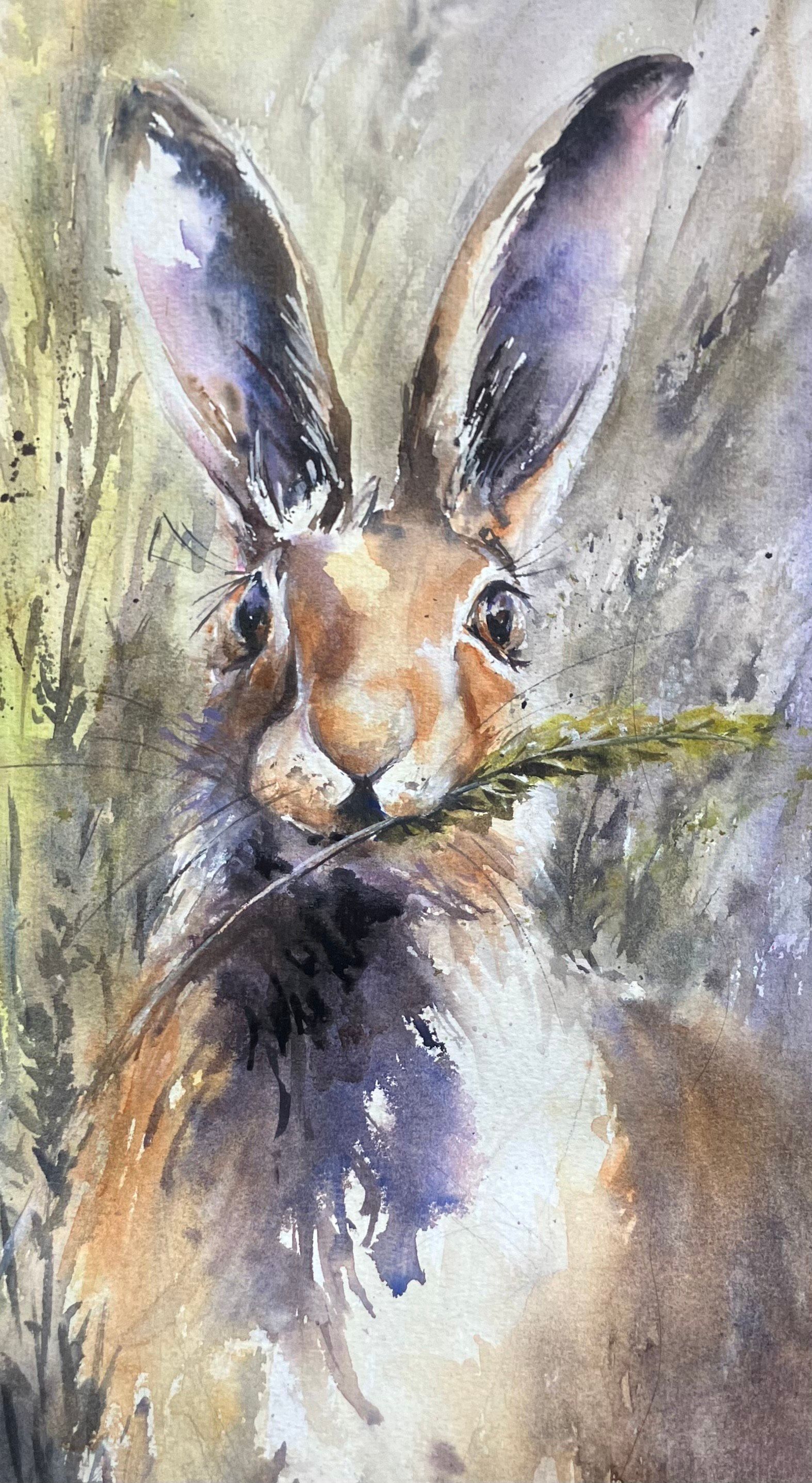 Nicky Hunter’s Mad March Hare. A loose-style watercolour study of British wildlife. Bespoke art in Buckinghamshire.