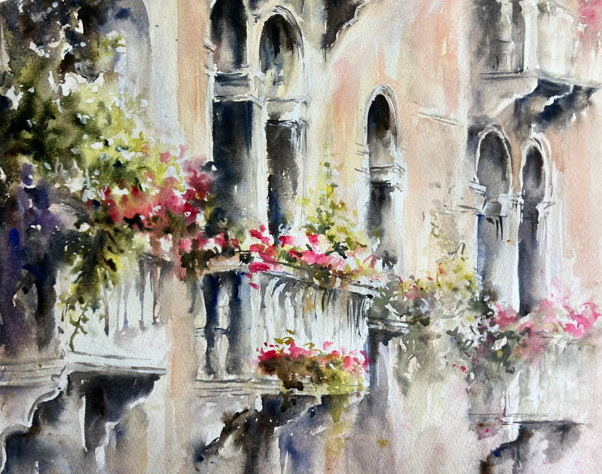 Charming Balcony & Flower Series: Fine Art Watercolours by Nicky Hunter. Custom Italian landscape art in Buckinghamshire.