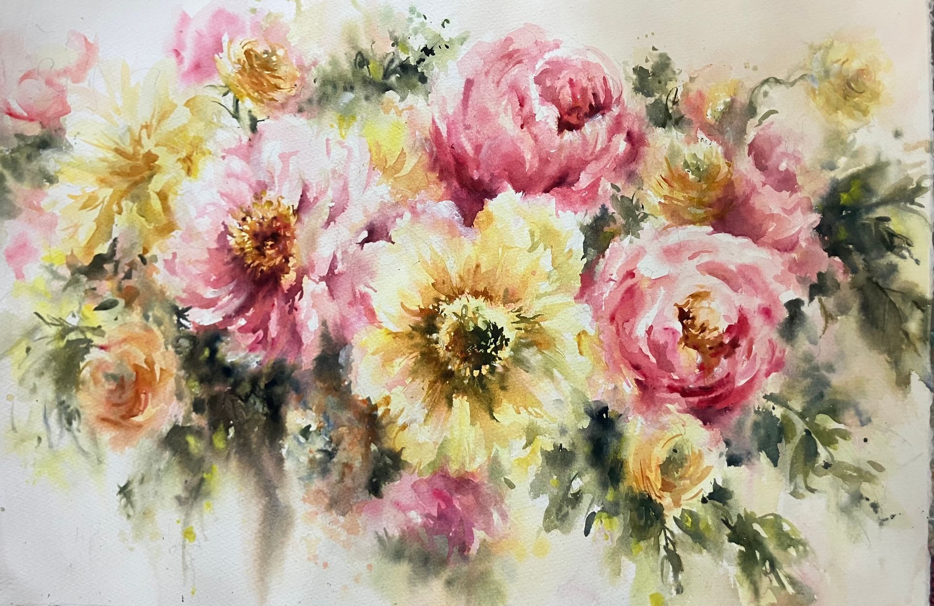 Soft Pink & Yellow Floral Watercolour. Hand-painted bouquet commissions by Nicky Hunter. Perfect for custom art gifts.