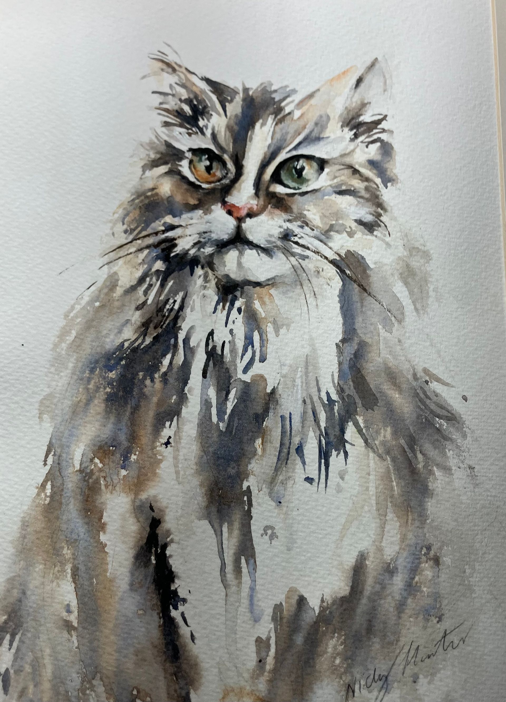 Soulful Cat Portrait: Fine Art Watercolour by Nicky Hunter. Bespoke pet commissions and art prints in Milton Keynes.