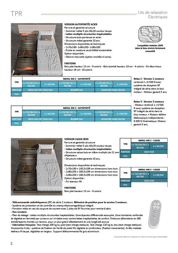 DIMENSIONS
- 2X 80/200
- 2X 90/200
COLORIS DISPO
Chêne clair uniquement
OPTION LIFT 2X 80/200 EN STOCK
Hauteur de levée jusqu’à 82cm en position haute
Comprends le moteur spécifique + releveur acier + pieds & télécommande spécifique