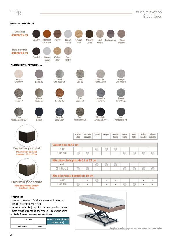 DIMENSIONS
- 2X 80/200
- 2X 90/200
COLORIS DISPO
Chêne clair uniquement
OPTION LIFT 2X 80/200 EN STOCK
Hauteur de levée jusqu’à 82cm en position haute
Comprends le moteur spécifique + releveur acier + pieds & télécommande spécifique