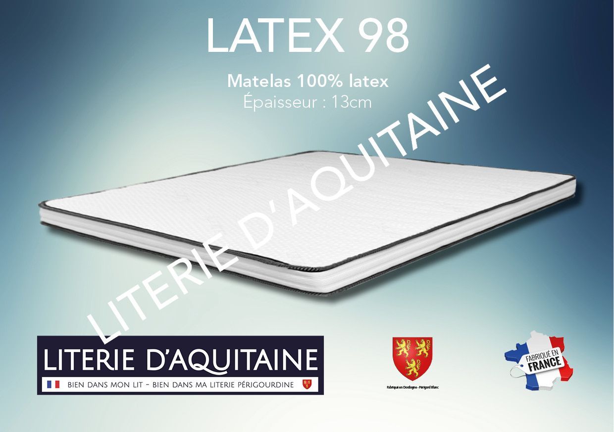 Matelas Noyau 100% latex Ép.13cm - Noyau 10cm 100% LATEX 98kg/m3 - 3 zones de soutien - Renfort au bassin (zones assouplies aux épaules et aux genoux) - - 2 Faces de couchage - 1 face été : Plateau piqué ouate de 100gr/m2 - 1 face hiver : plateau piqué ouate de 300gr/m2 + 5mm mousse de confort - Coutil Stretch Tencel® - Coutil norme 100 - Oeko-Tex - Accueil ferme - Soutien extra ferme
Indépendance de couchage Garantie 5 ans avec l'achat simultané d'un sommier Fabrication Française
Corpulence du dormeur pour un couchage quotidien : adultes avec forte corpulence (sup. 120kg/adulte)
Non conseillé pour de la literie électrique