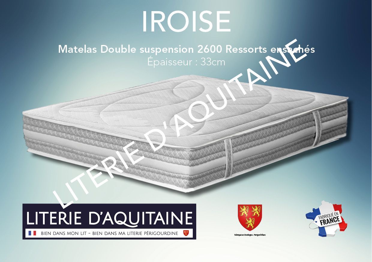 Matelas Double suspension Ressorts - 7 zones Ép.33cm - Accueil 2000 ressorts Tablet - Suspension 600 ressorts ensachés - 7 zones de soutien - Carénage HR40KGg/m3 - 4 poignées & 2 aérateurs - 2 Faces de couchage - Double plateaux piqués ouate de 300gr/m2 + 20mm mousse de confort - - Coutil Graphic stretch - Coutil norme 100 - Oeko-Tex - Accueil mœlleux - Soutien ferme
Indépendance de couchage Garantie 5 ans avec l'achat simultané d'un sommier Fabrication Française
Corpulence du dormeur pour un couchage quotidien : ado / adulte (inf. 100kg/adulte)
Dimension du 90/190 au 200/220
Compatible sur sommiers à lattes fixes recouverts - non conseillé pour de la literie électrique & sommiers à lattes apparentes