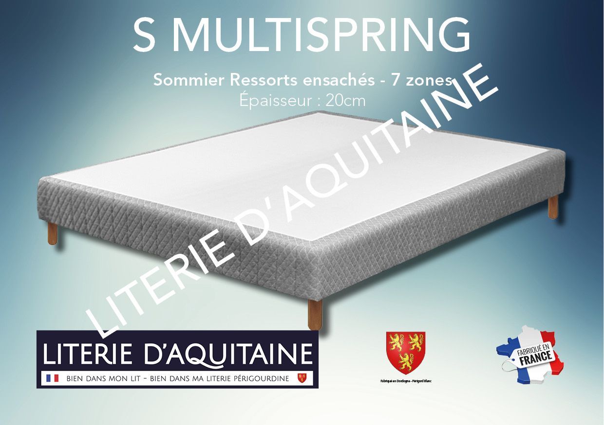 Sommier Ressorts ensachés - 7 zones 20cm 600 ressorts ensachés - 7 zones de soutien Épaisseur possible jusqu'à 25cm 4 masses d'angle hêtre massif avec insert de 8mm (5 pour le 160/200) Caisse peuplier massif origine France Section de caisse 27mm / 200mm Coiffe stretch Graphic gris Coutil Graphic Norme 100 - Oeko-Tex Toile de fond anti-poussière - 100% PES Issu de forêts françaises Suspension 7 zones Compatible tout matelas Garantie 5 ans Fabrication Française
Apporte souplesse au couchage
Corpulence du dormeur : double couchage type enfant / ado / adultes
Compatible matelas latex ou ressorts