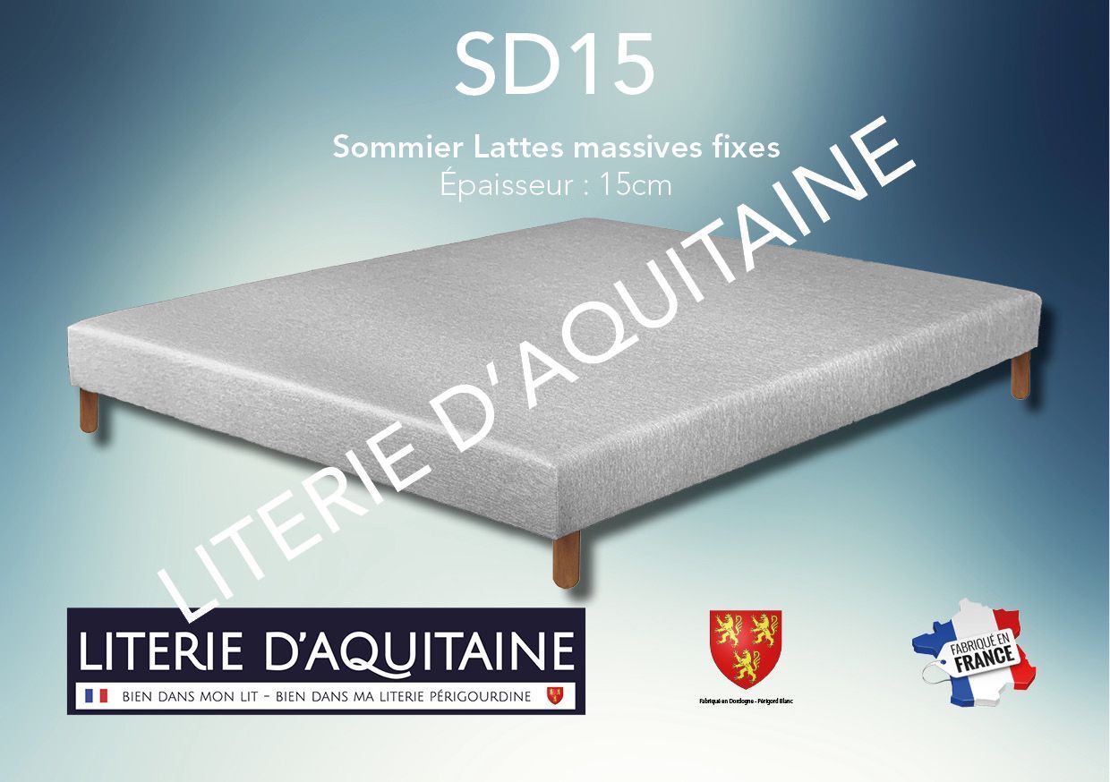 Sommier Lattes fixes 15cm 9 lattes larges peuplier massif (Section 24mm / 120mm) 4 masses d'angle hêtre massif avec insert de 8mm (5 pour le 160/200) Caisse peuplier massif origine France Section de caisse 27mm / 130mm Coiffe tendue gris chiné / beige ou anthracite Coutil déco Norme 100 - Oeko-Tex Toile de fond anti-poussière - 100% PES Issu de forêts françaises Suspension très ferme Compatible tout matelas Garantie 5 ans Fabrication Française
Corpulence dormeur = adultes
Compatible tout type de matelas