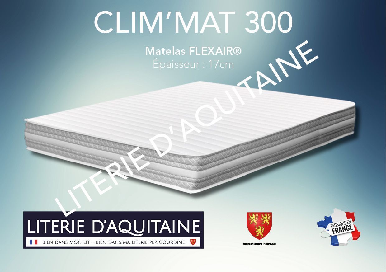 Matelas Mousse FLEXAIR® Ép.17cm - Noyau 13cm FLEXAIR 35kg/m3 - - - 2 Faces de couchage - Double plateaux piqués ouate de 300gr/m² - - Coutil stretch - Coutil norme 100 - Oeko-Tex - Accueil ferme - Soutien équilibré
Garantie 5 ans avec l'achat simultané d'un sommier Fabrication Française
Corpulence du dormeur pour un couchage quotidien ou occasionnel : enfant / ado / adultes légers
Dimension du 70/190 au 160/200