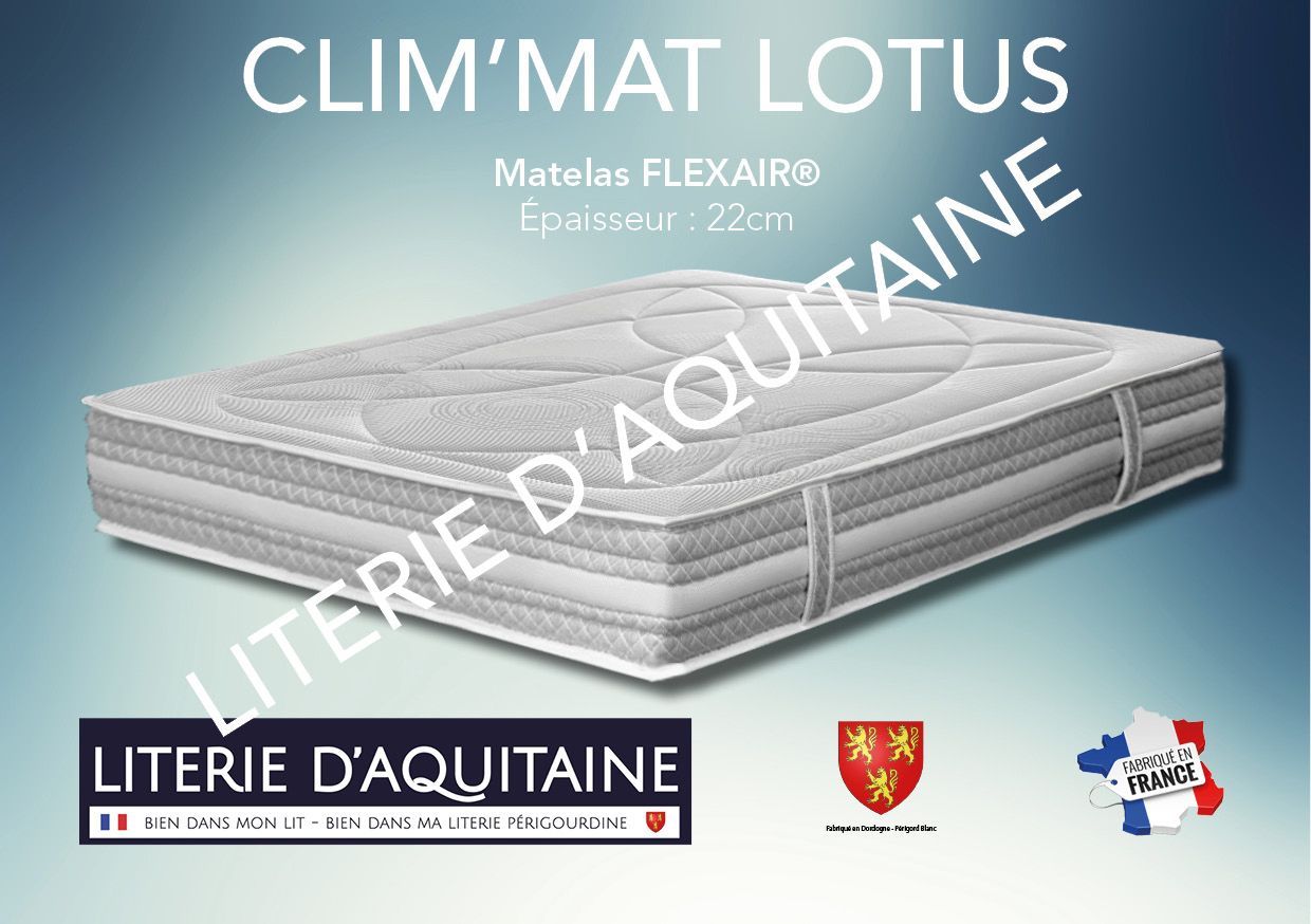 Matelas Mousse FLEXAIR® Ép.22cm - Noyau 16cm FLEXAIR 42kg/m3 - - 4 poignées - 2 Faces de couchage - Double plateaux piqués ouate de 300gr/m² + 20mm mousse de confort - - Coutil stretch - Coutil norme 100 - Oeko-Tex - Accueil mi-ferme - Soutien ferme
Indépendance de couchage Garantie 5 ans avec l'achat simultané d'un sommier Fabrication Française
Corpulence du dormeur pour un couchage quotidien : ado / adulte (inf. 100kg/adulte)
Dimension du 70/190 au 200/220
Compatible literies électriques double couchage (2x70/190 à 2x90/200) - non conseillé pour de la literie électrique monocouchage (du 120/190 au 160/200)