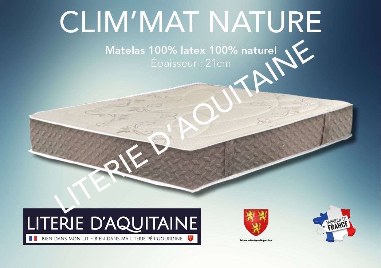 Matelas Noyau 100% latex Naturel Ép.21cm - Noyau 15cm 100% LATEX 100% NATUREL 90kg/m3 - 7 zones de soutien - Renfort au bassin (zones assouplies aux épaules et aux genoux) - 4 poignées - 2 Faces de couchage - Double plateaux piqués ouate de 300gr/m² + 20mm mousse de confort - - Coutil stretch coton bio - Coutil norme 100 - Oeko-Tex - Accueil souple - Soutien mi-ferme
Indépendance de couchage Garantie 5 ans avec l'achat simultané d'un sommier Fabrication Française
Corpulence du dormeur pour un couchage quotidien : ado / adulte (inf. 100kg/adulte)
Dimension du 70/190 au 200/220
Compatible literies électriques double couchage (2x70/190 à 2x90/200) et literie électrique monocouchage (du 120/190 au 140/190)