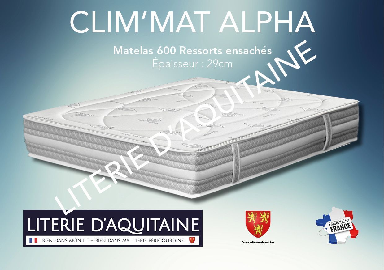 Matelas Ressorts ensachés - 7 zones Ép.29cm - Accueil 2 faces : 2cm Mousse Progression HR 40kg/m3 - Suspension 600 ressorts ensachés pour 140/190 - diamètre 18°- 20° - Ép. 18cm - 7 zones de soutien - Carénage périmétrale 10cm FLEXAIR® HR40KGg/m3 - 4 poignées - 2 Faces de couchage - Double plateaux piqués ouate de 300gr/m² + 20mm mousse de confort - - Coutil Stretch traitement Aloë Vera - Coutil norme 100 - Oeko-Tex - Accueil équilibré - Soutien équilibré
Indépendance de couchage Garantie 5 ans avec l'achat simultané d'un sommier Fabrication Française
Corpulence du dormeur pour un couchage quotidien : ado / adulte (inf. 100kg/adulte)
Dimension du 90/190 au 200/220
Compatible sur sommiers à lattes fixes recouverts - non conseillé pour de la literie électrique & sommiers à lattes apparentes