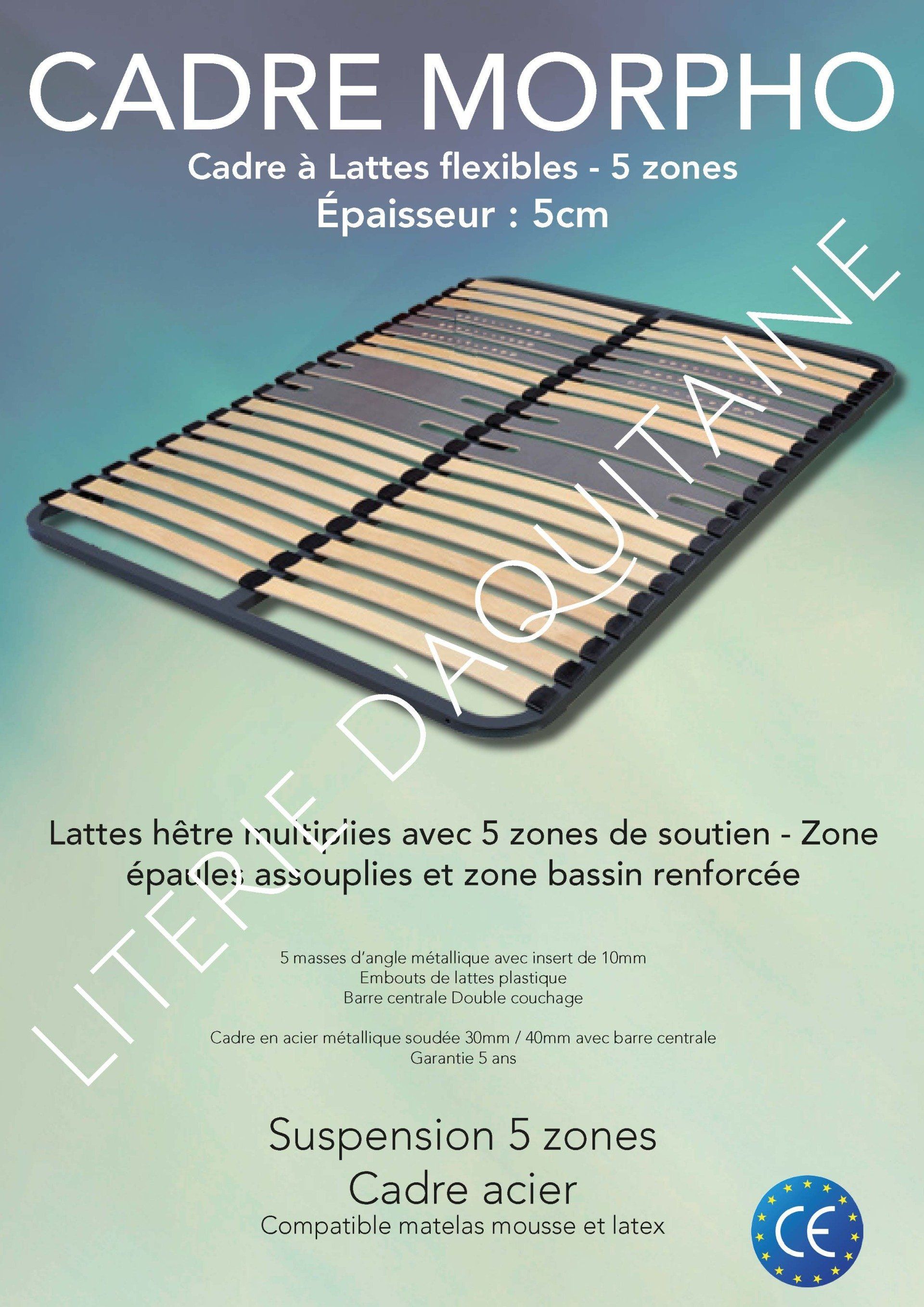 Cadre Cadre à Lattes flexibles 5cm 2x13 lattes hêtre multiplies (Section : 8mm / 53mm) Doit reposer automatiquement dans un tour de lit Cadre en acier métallique soudée 30mm / 40mm avec double barre centraleEmbouts de lattes plastique Lattes flexibles Simple couchage Double barre centrale Suspension équilibrée Cadre acier Compatible matelas mousse et latex Garantie 5 ans Fabrication CE