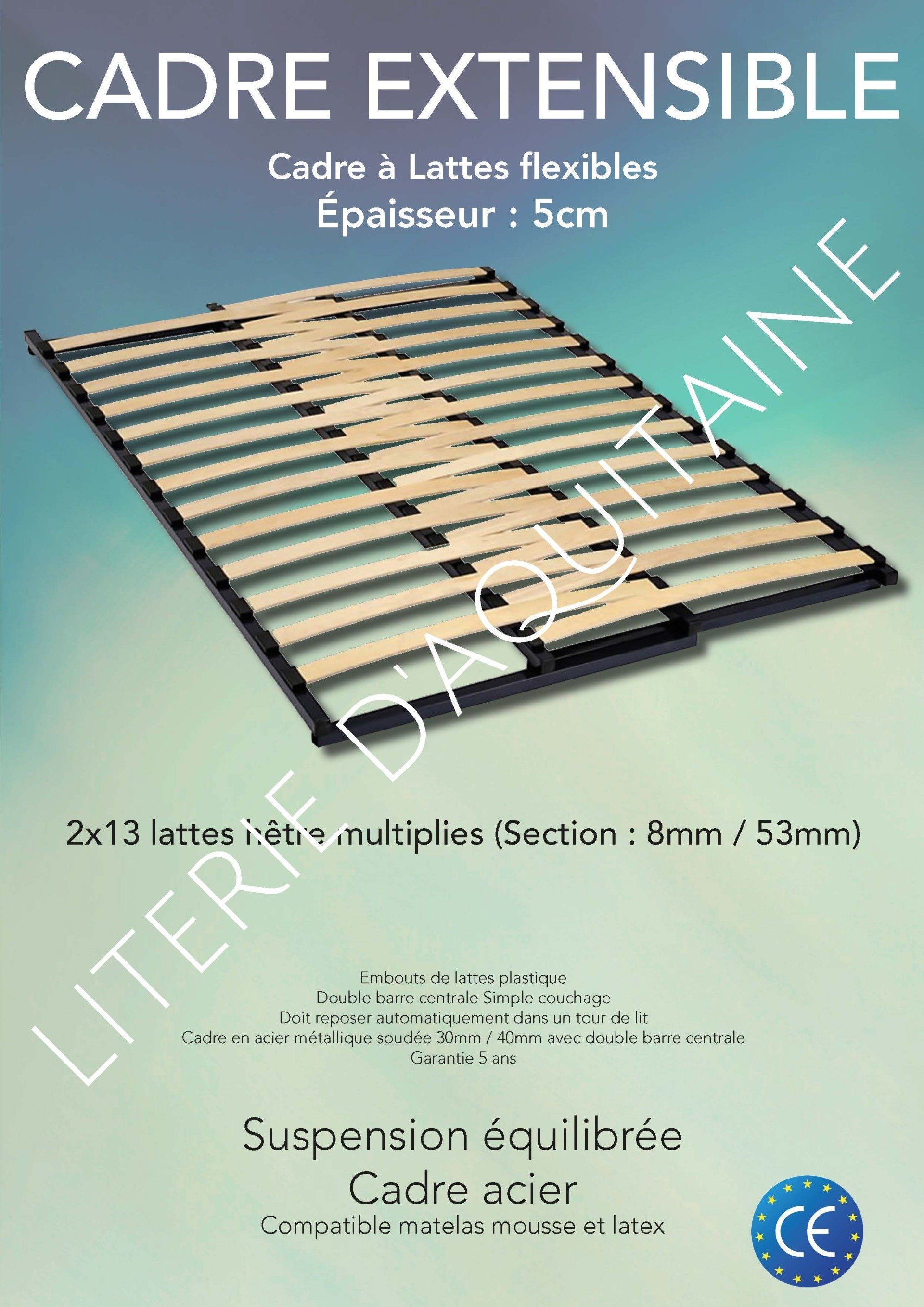 Cadre Cadre à Lattes flexibles 5cm Doit reposer automatiquement dans un tour de lit Cadre en acier métallique soudée 30mm / 40mm avec double barre centrale Embouts de lattes plastique Lattes flexibles Simple couchage Double barre centrale Suspension équilibrée Cadre acier Compatible matelas mousse et latex Garantie 5 ans Fabrication CE