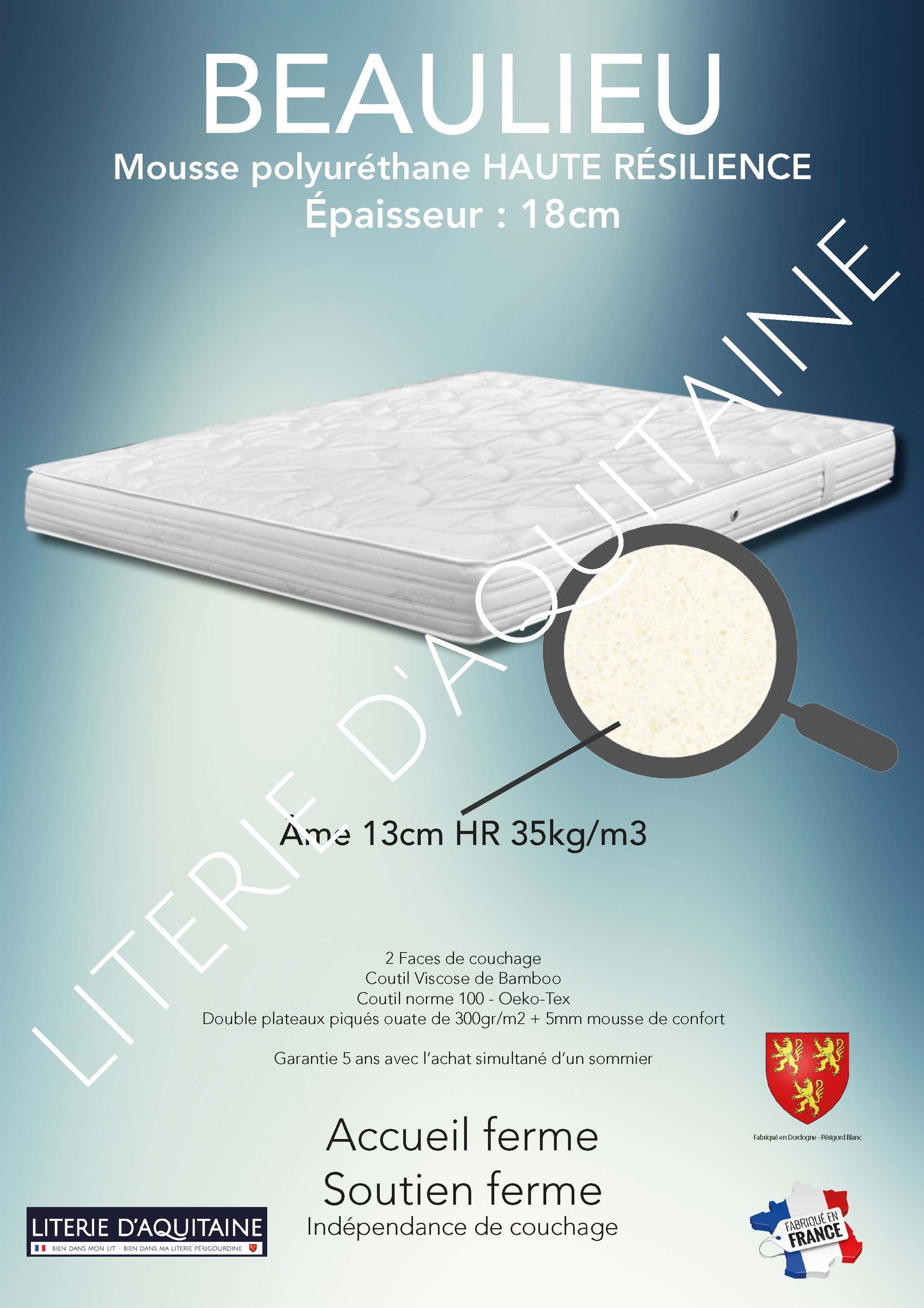 Matelas Mousse polyuréthane HAUTE RÉSILIENCE Ép.18cm - Noyau 13cm HR 35kg/m3 - - 4 poignées & 2 aérateurs - 2 Faces de couchage - Double plateaux piqués ouate de 300gr/m2 + 5mm mousse de confort - - Coutil viscose de Bamboo - Coutil norme 100 - Oeko-Tex - Accueil ferme - Soutien équilibré
Indépendance de couchage Garantie 5 ans avec l'achat simultané d'un sommier Fabrication Française
Corpulence du dormeur pour un couchage quotidien ou occasionnel : enfant / ado / adultes légers
Dimension du 70/190 au 160/200