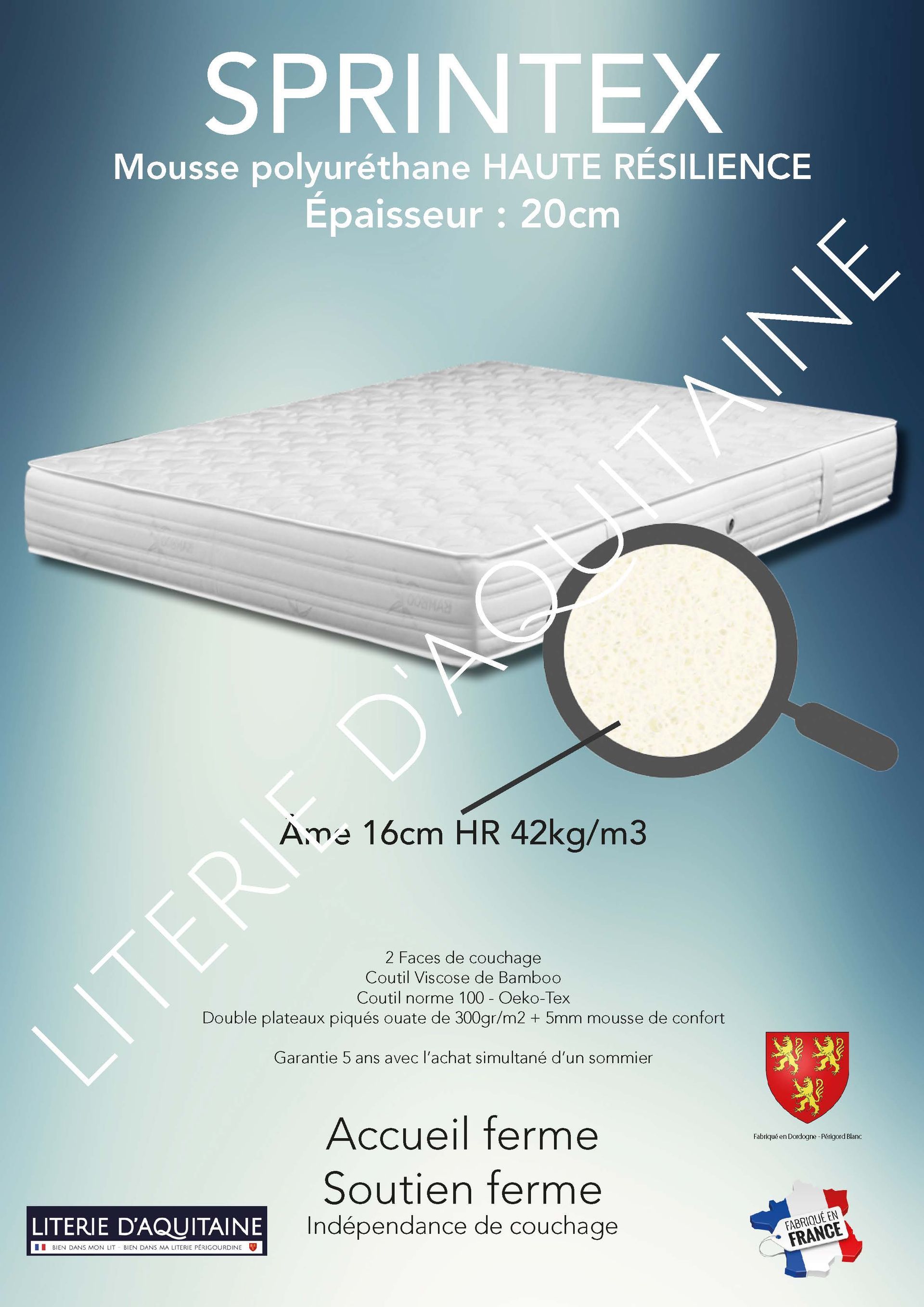 Matelas Mousse polyuréthane HAUTE RÉSILIENCE Ép.20cm - Noyau 16cm HR 42kg/m3 - - 4 poignées & 2 aérateurs - 2 Faces de couchage - Double plateaux piqués ouate de 300gr/m2 + 5mm mousse de confort - - Coutil viscose de Bamboo - Coutil norme 100 - Oeko-Tex - Accueil ferme - Soutien ferme
Indépendance de couchage Garantie 5 ans avec l'achat simultané d'un sommier Fabrication Française
Corpulence du dormeur pour un couchage quotidien : ado / adulte (inf. 100kg/adulte)
Dimension du 70/190 au 200/220
Compatible literies électriques double couchage (2x70/190 à 2x90/200) - non conseillé pour de la literie électrique monocouchage (du 120/190 au 160/200)