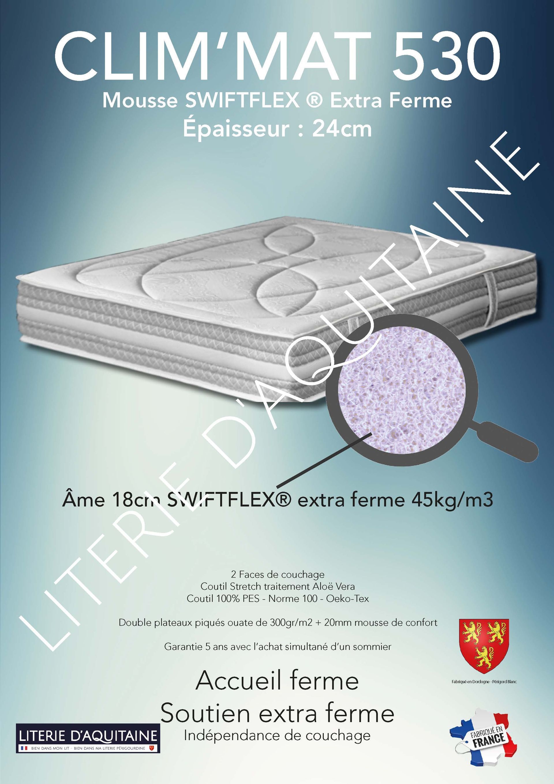 Matelas Mousse SWIFTFLEX® Ép.24cm - Noyau 18cm SWIFTFLEX 45kg/m3 - - 4 poignées - 2 Faces de couchage - Double plateaux piqués ouate de 300gr/m² + 20mm mousse de confort - - Coutil Stretch traitement Aloë Vera - Coutil norme 100 - Oeko-Tex - Accueil ferme - Soutien extra ferme Indépendance de couchage Garantie 5 ans avec l'achat simultané d'un sommier Fabrication Française
Corpulence du dormeur pour un couchage quotidien : adultes avec forte corpulence (sup. 120kg/adulte)
Dimension du 70/190 au 200/220