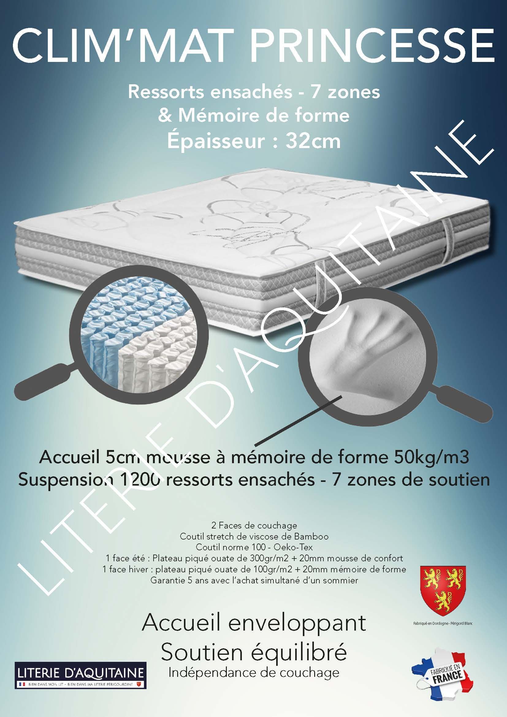 Matelas Ressorts ensachés - 7 zones Ép.32cm - Accueil 5cm mousse à mémoire de forme 50kg/m3 (dont 2cm inclus dans le plateau) - Suspension 1200 ressorts ensachés - 7 zones de soutien - Carénage HR40KGg/m3 - 4 poignées - 2 Faces de couchage - 1 face été : Plateau piqué ouate de 300gr/m² + 20mm mousse de confort - 1 face hiver : plateau piqué ouate de 100gr/m² + 20mm mémoire de forme - Coutil viscose de Bamboo - Coutil norme 100 - Oeko-Tex - Accueil enveloppant - Soutien équilibré
Indépendance de couchage Garantie 5 ans avec l'achat simultané d'un sommier Fabrication Française
Corpulence du dormeur pour un couchage quotidien : ado / adulte (inf. 100kg/adulte)
Dimension du 90/190 au 200/220
Compatible sur sommiers à lattes fixes recouverts - non conseillé pour de la literie électrique & sommiers à lattes apparentes
