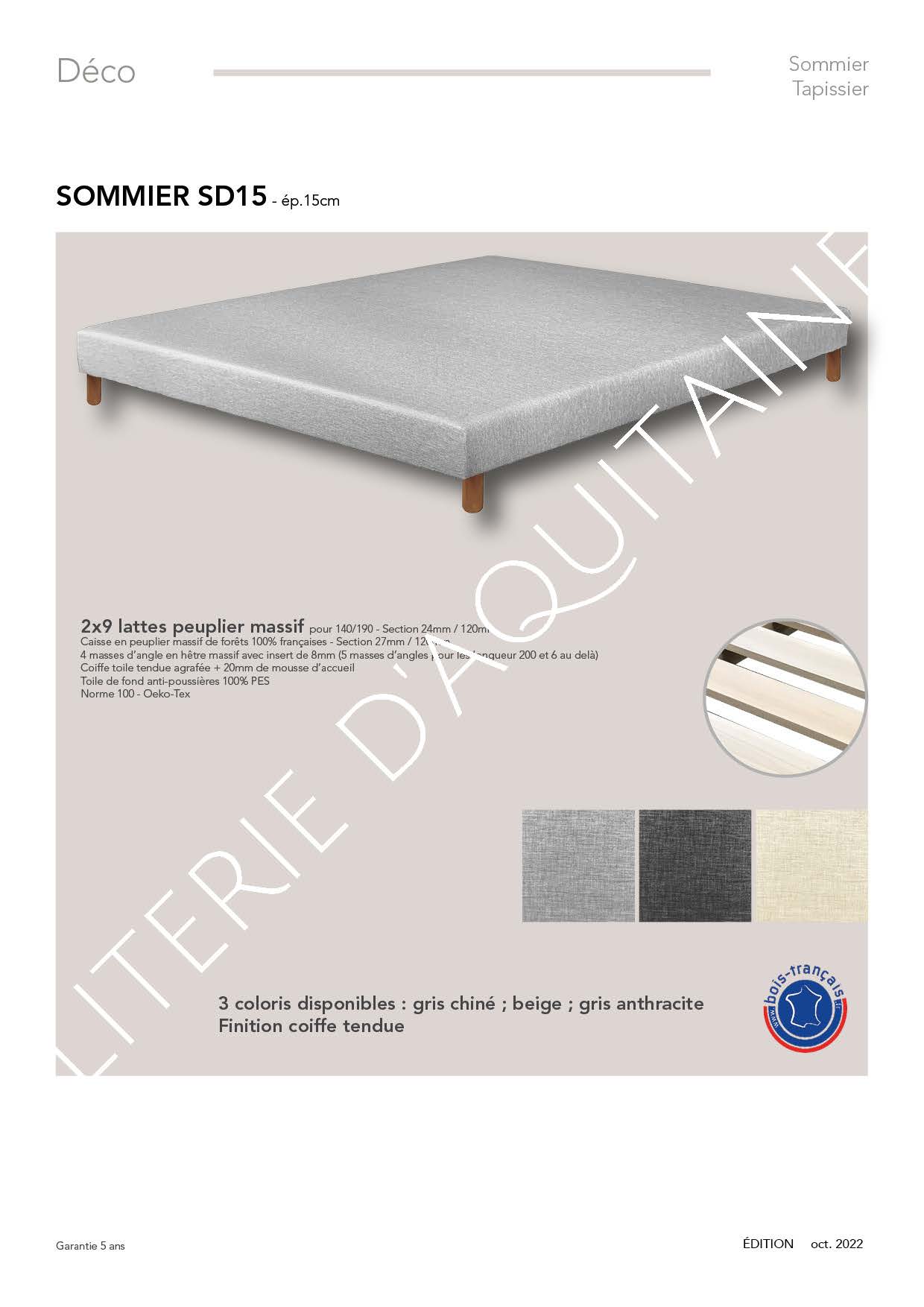 2x9 lattes peuplier massif pour 140/190 - Section 24mm / 120mm Caisse en peuplier massif de forêts 100% françaises - Section 27mm / 120mm 4 masses d’angle en hêtre massif avec insert de 8mm (5 masses d’angles pour les longueur 200 et 6 au delà) Coiffe coutil déco agrafée Toile de fond anti-poussières 100% PES orme 100 - Oeko-Tex