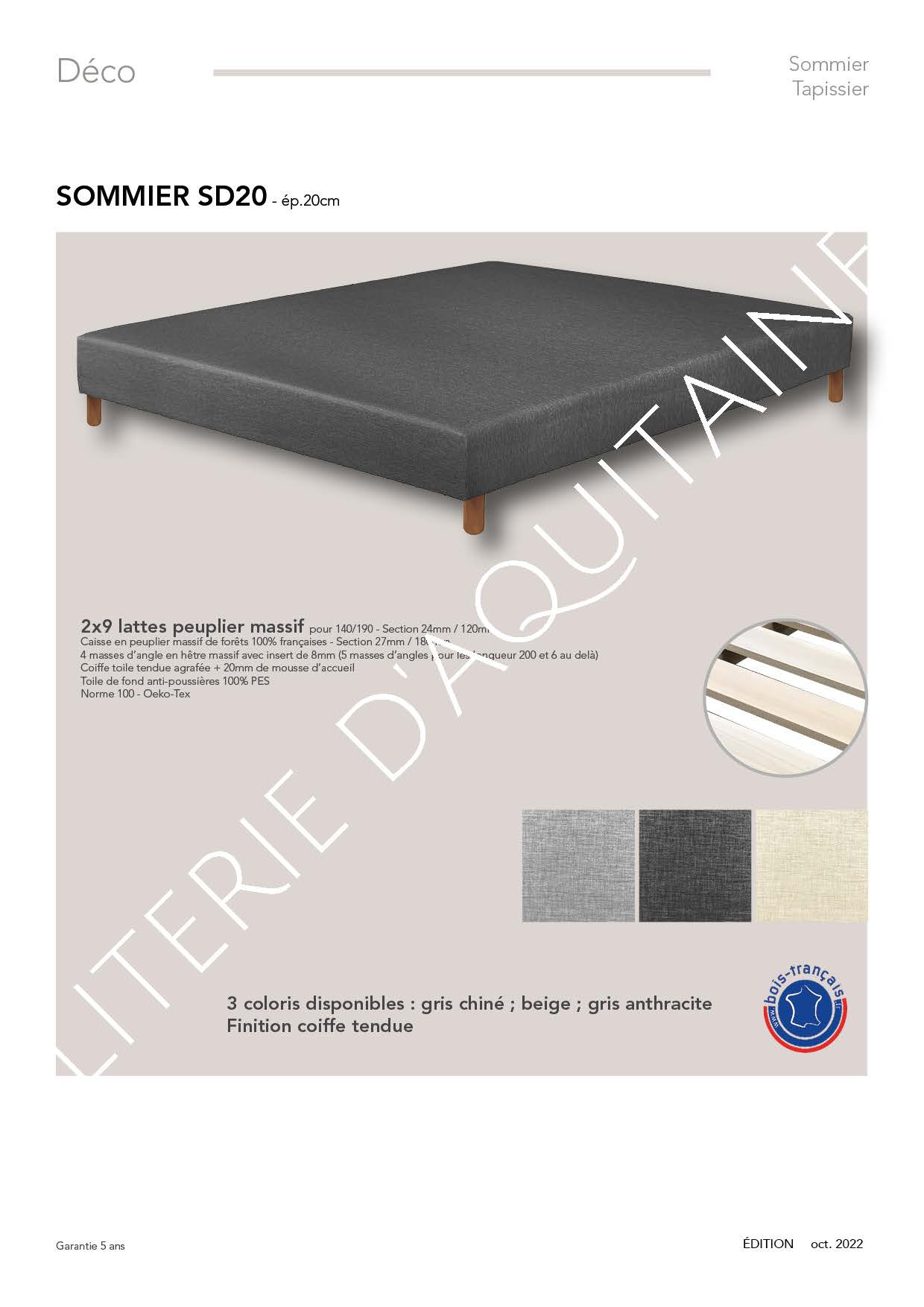 2x9 lattes peuplier massif pour 140/190 - Section 24mm / 120mm Caisse en peuplier massif de forêts 100% françaises - Section 27mm / 120mm 4 masses d’angle en hêtre massif avec insert de 8mm (5 masses d’angles pour les longueur 200 et 6 au delà) Coiffe coutil déco agrafée Toile de fond anti-poussières 100% PES orme 100 - Oeko-Tex