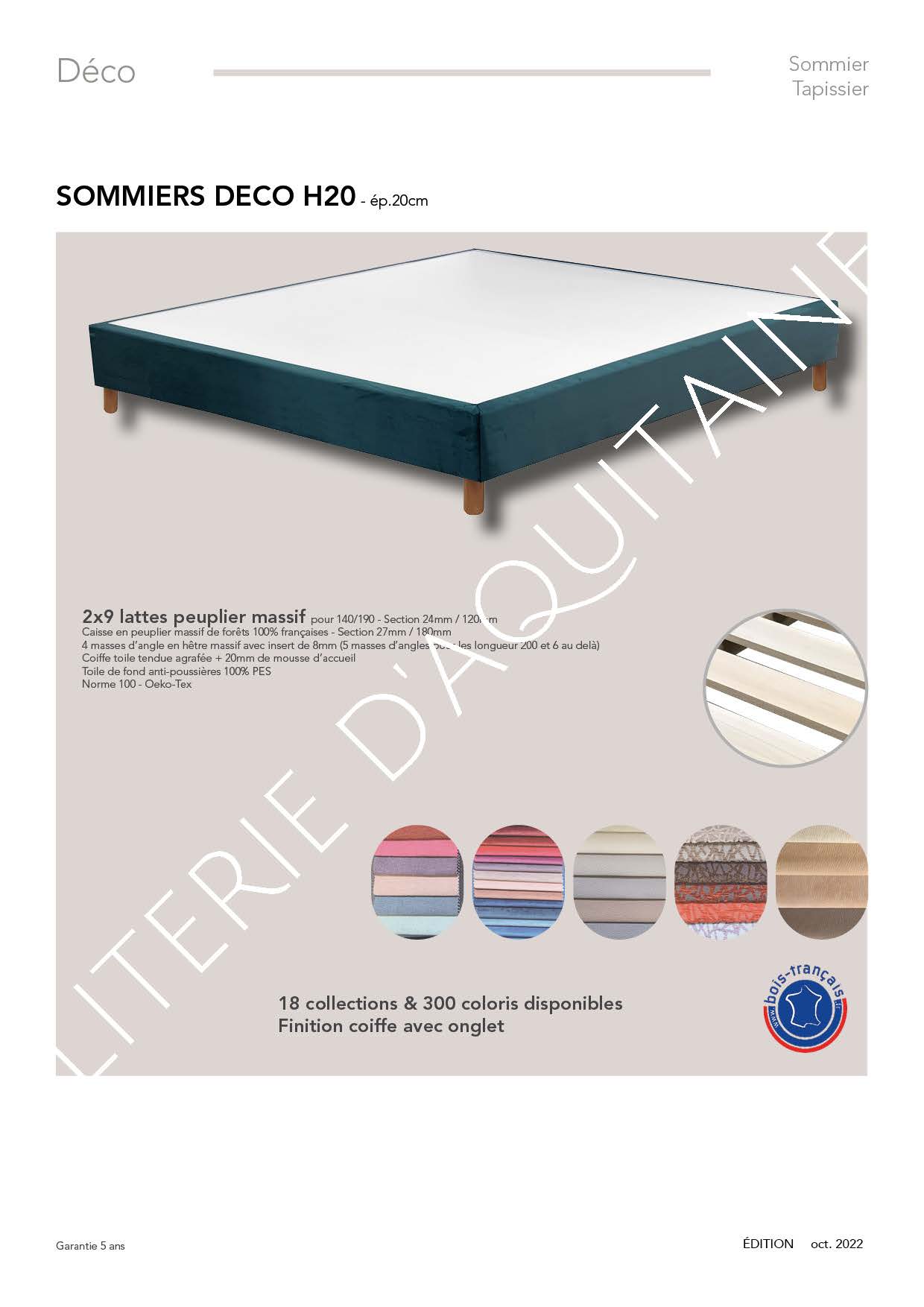 2x9 lattes peuplier massif pour 140/190 - Section 24mm / 120mm Caisse en peuplier massif de forêts 100% françaises - Section 27mm / 120mm 4 masses d’angle en hêtre massif avec insert de 8mm (5 masses d’angles pour les longueur 200 et 6 au delà) Coiffe avec onglet coutil déco agrafée Toile de fond anti-poussières 100% PES orme 100 - Oeko-Tex