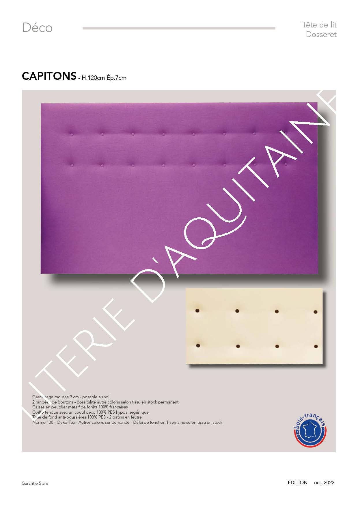 Garnissage mousse 3 cm - posable au sol 2 rangées de boutons - possibilité autre coloris selon tissu en stock permanent Caisse en peuplier massif de forêts 100% françaises Coiffe tendue avec un coutil déco 100% PES hypoallergénique Toile de fond anti-poussières 100% PES Norme 100 - Oeko-Tex - Autres coloris sur demande - Délai de fonction 1 semaine selon tissu en stock