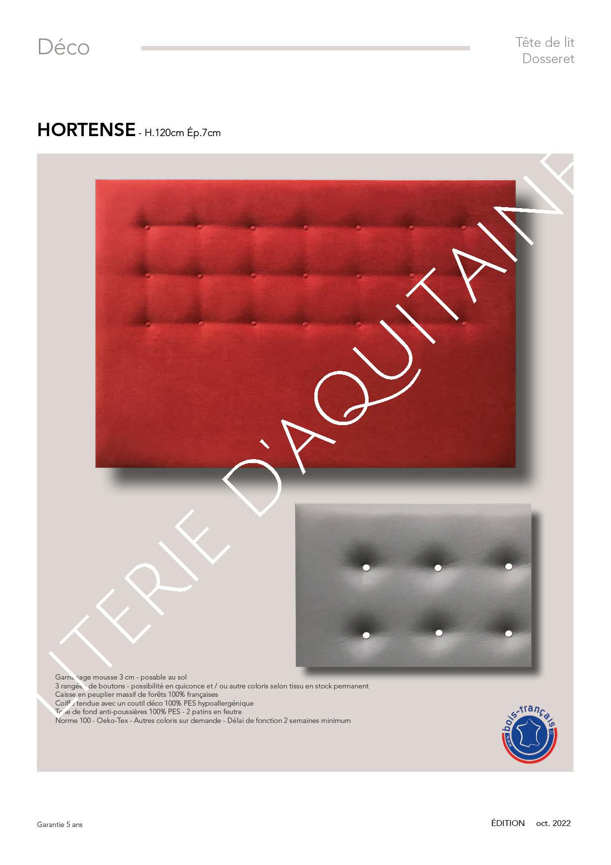 Garnissage mousse 3 cm - posable au sol 3 rangées de boutons - possibilité en quiconce et / ou autre coloris selon tissu en stock permanent Caisse en peuplier massif de forêts 100% françaises Coiffe tendue avec un coutil déco 100% PES hypoallergénique Toile de fond anti-poussières 100% PES Norme 100 - Oeko-Tex - Autres coloris sur demande - Délai de fonction 2 semaines minimum