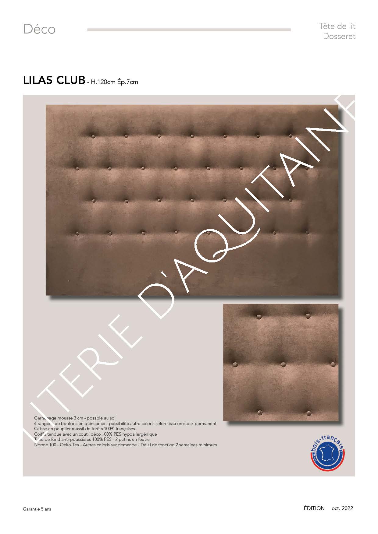 Garnissage mousse 3 cm - posable au sol 4 rangées de boutons en quiconce boutons bi-couleur selon tissu en stock permanent Caisse en peuplier massif de forêts 100% françaises Coiffe tendue avec un coutil déco 100% PES hypoallergénique Toile de fond anti-poussières 100% PES Norme 100 - Oeko-Tex - Autres coloris sur demande - Délai de fonction 2 semaines minimum