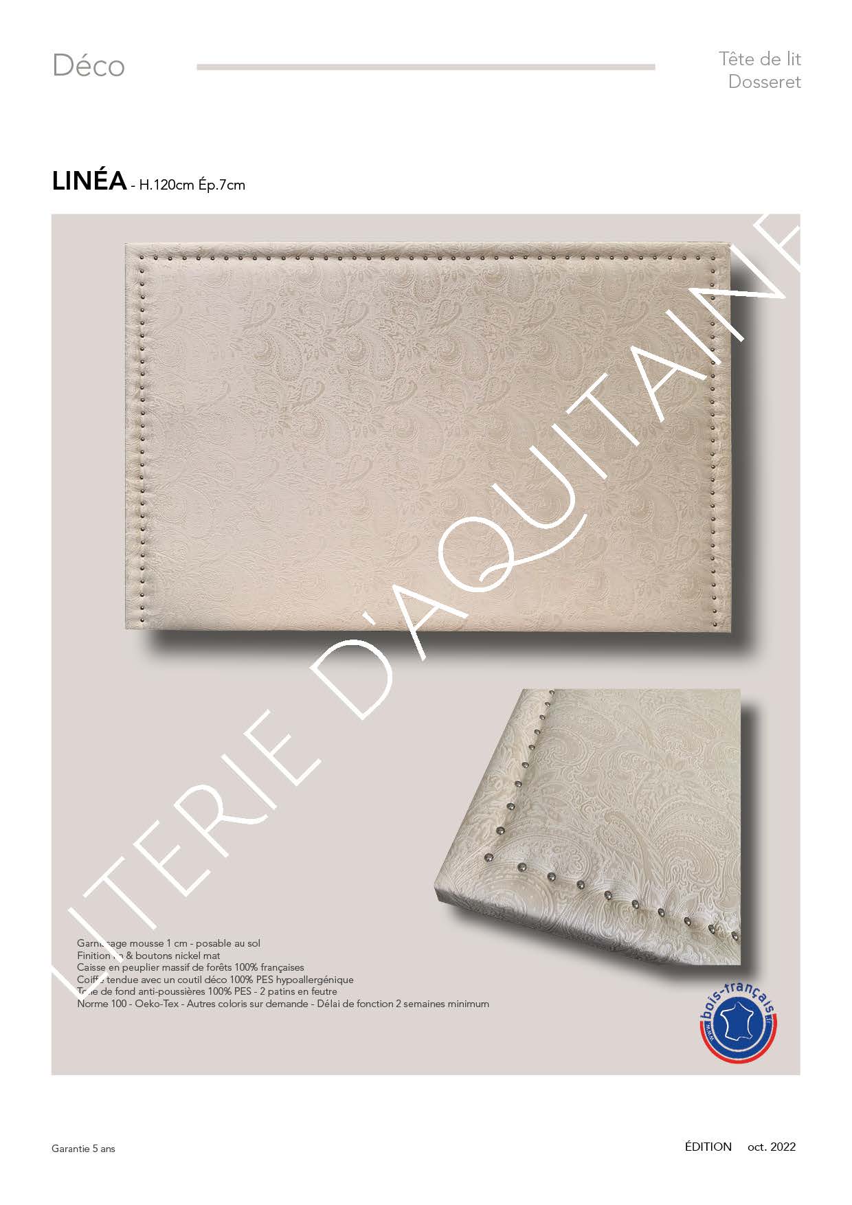 Garnissage mousse 1 cm - posable au sol Finition lin & boutons nickel mat - Caisse en peuplier massif de forêts 100% françaises Coiffe tendue avec un coutil déco 100% PES hypoallergénique Toile de fond anti-poussières 100% PES Norme 100 - Oeko-Tex - Autres coloris sur demande - Délai de fonction 2 semaines minimum