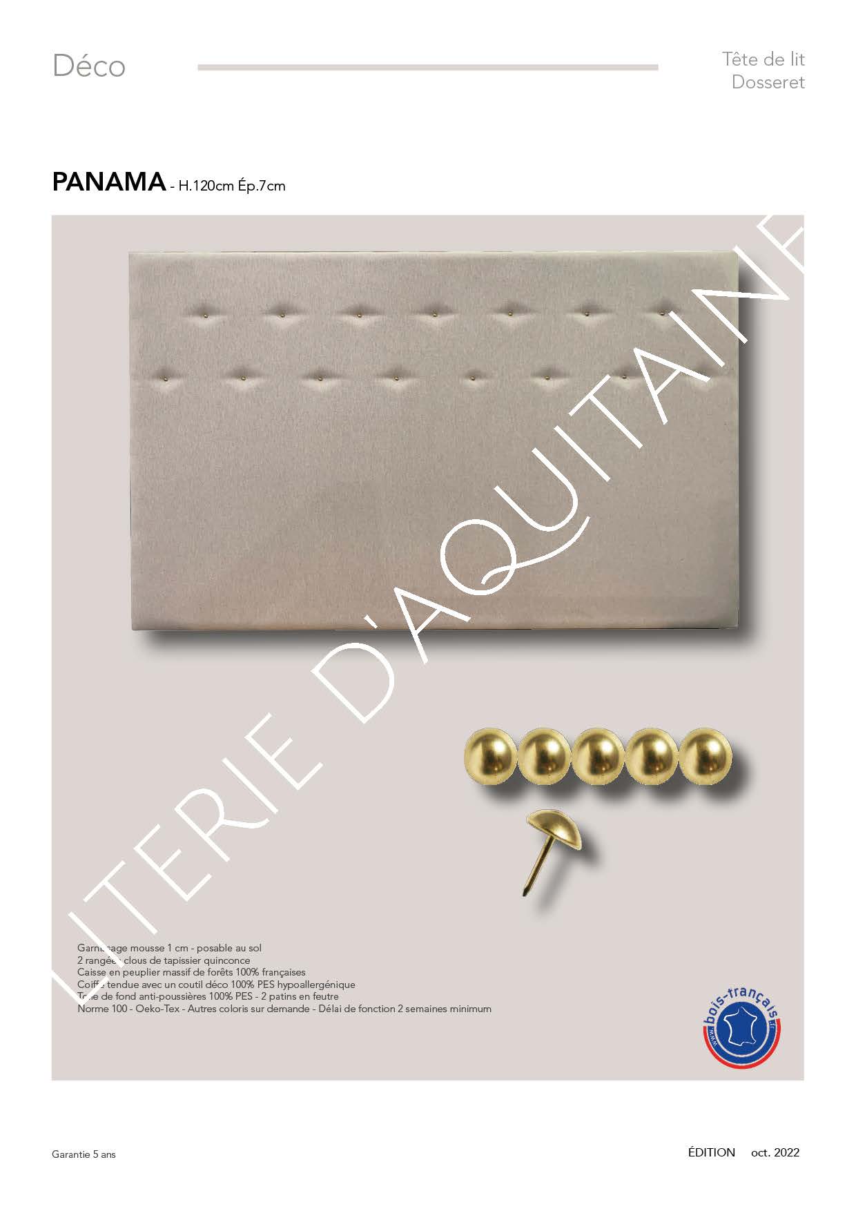 Garnissage mousse 1 cm - posable au sol Finition clous tapissier en quinconce - Caisse en peuplier massif de forêts 100% françaises Coiffe tendue avec un coutil déco 100% PES hypoallergénique Toile de fond anti-poussières 100% PES Norme 100 - Oeko-Tex - Autres coloris sur demande - Délai de fonction 2 semaines minimum